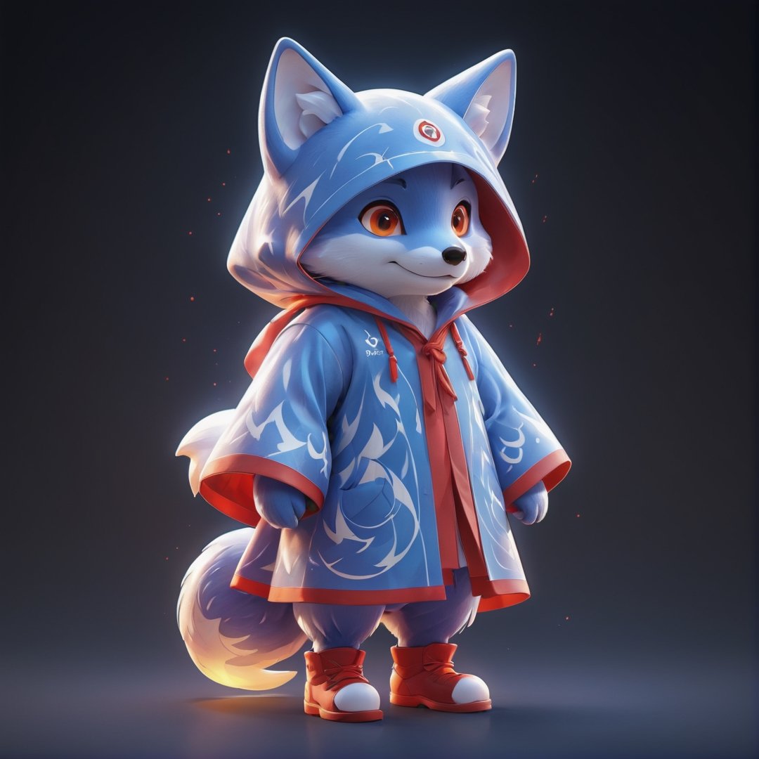 (full body) Mascot cute cuddly blue Fox, wearing a full red robe printed with white flame pattern, big red eyes, extremely detailed, intricate details, muted color scheme, subtle gradients, photorealistic, 8k, 3d style,3d style