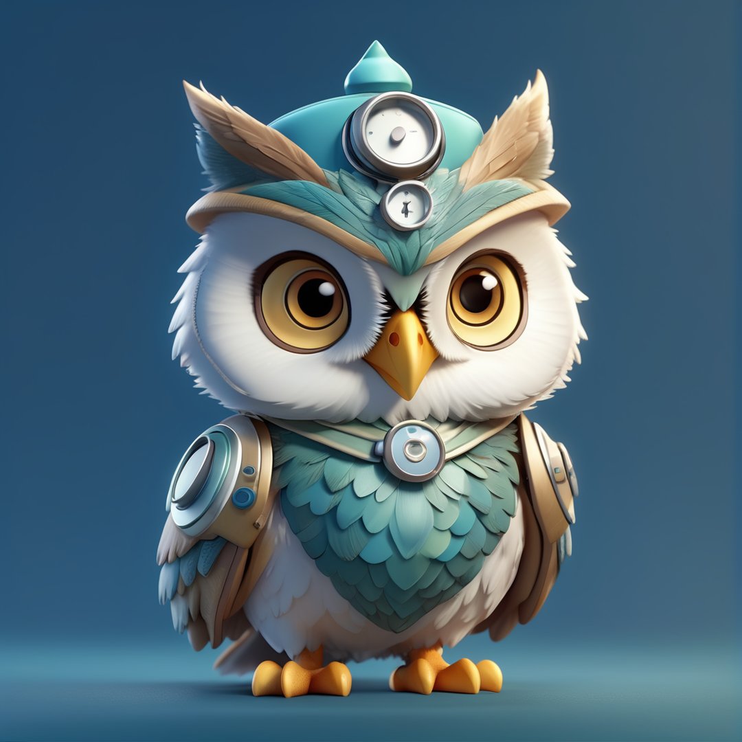 (full body) cute owl doctor, sharp eyes, extremely detailed, intricate details, muted color scheme, subtle gradients, photorealistic, 8k, 3d style,gabumon