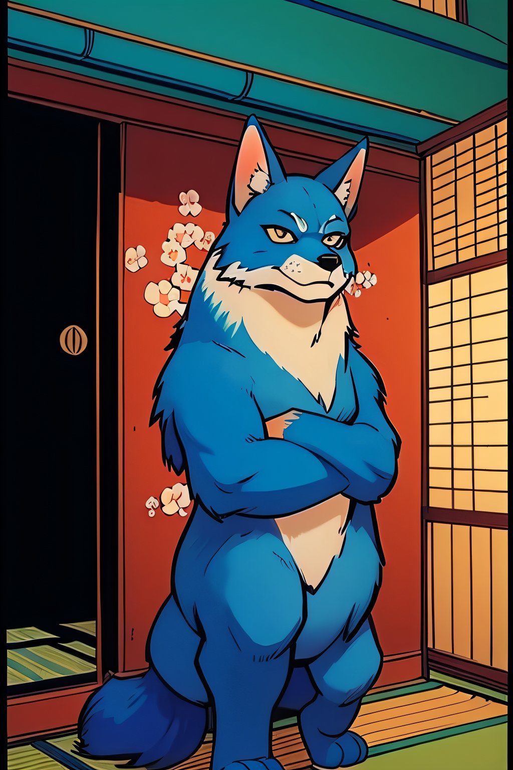 (masterpiece:1.5), (best quality:1.5), adorable blue fox, animal, japanese temple, Comic Art Style