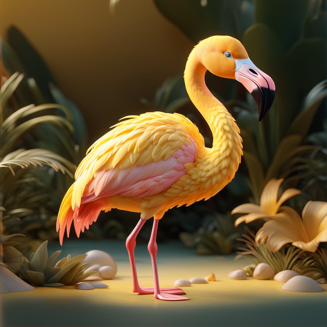 (full body) cute yellow flamingo, sharp eyes, extremely detailed, intricate details, muted color scheme, subtle gradients, photorealistic, 8k, 3d style,gabumon