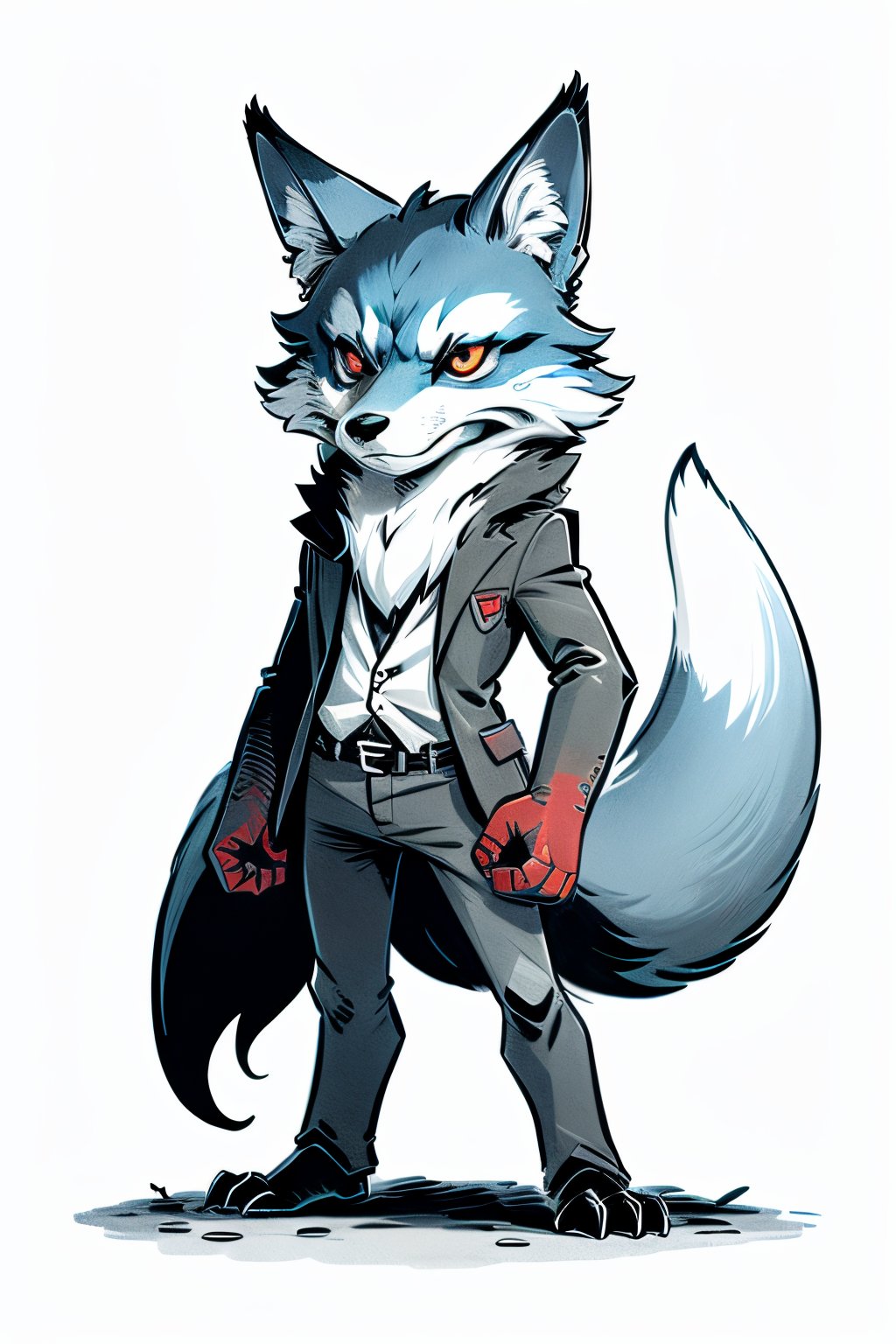 (masterpiece:1.5), (best quality:1.5), anthropomorphic blue fox, red eyes, ink sketch