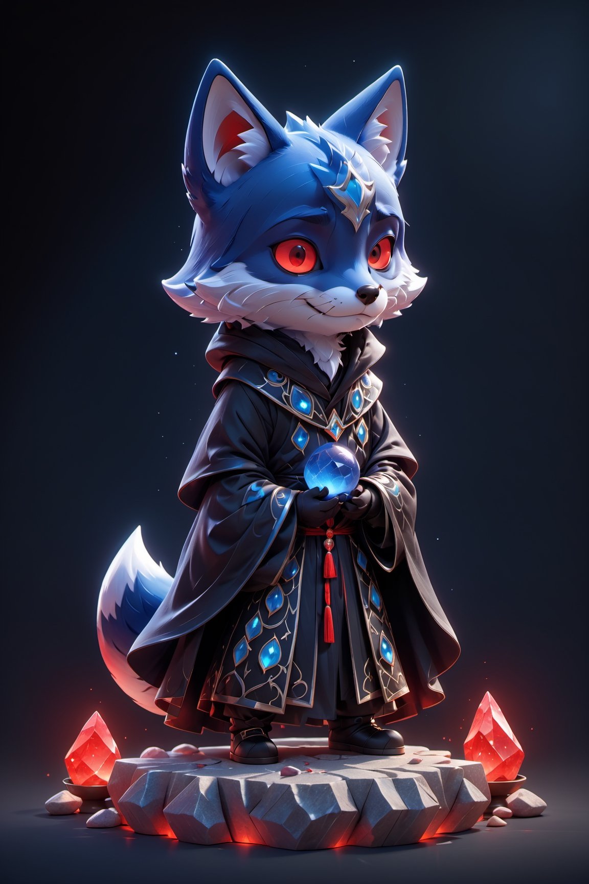 (full body) zhibi, chibi, animal wavie Wraith, small wavie Wraith, angry male blue fox in a black cloak, meditating above an stone altar with crystals, big red eyes, extremely detailed, intricate details, muted color scheme, subtle gradients, photorealistic, 8k, 3d style, 3d style, 3d toon style