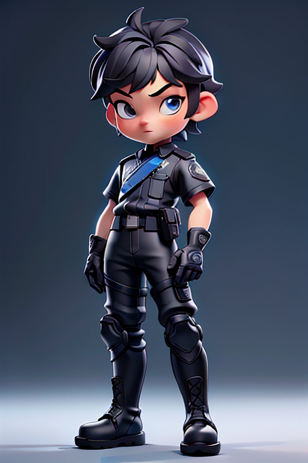 3dmm style, (masterpiece, best quality), intricate details, 1boy, solo, short hair, print shirt, black police suit, gloves, pants, knee pads, boots, full body