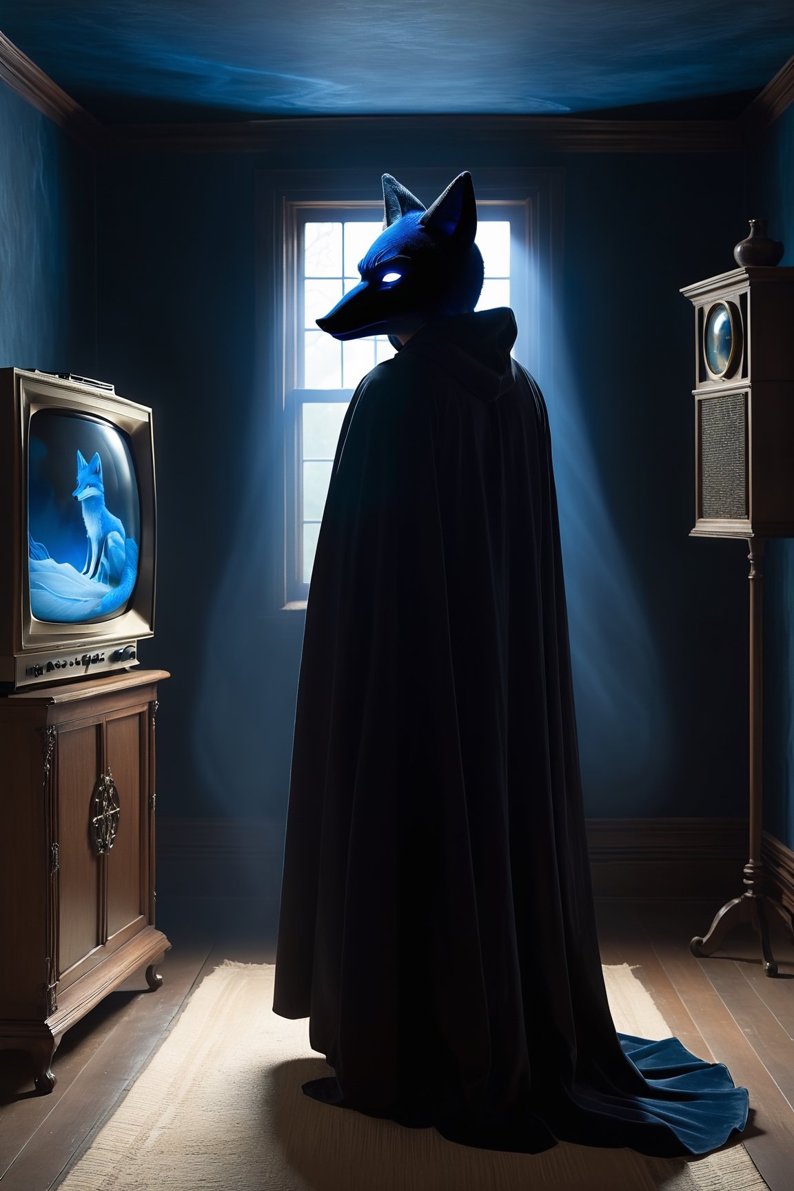 In a dimly lit chamber veiled by shadows, a man shrouded in a black cloak stands, his enigmatic presence accentuated by a striking blue fox mask. Before him, an ancient tube television radiates a soft, warm glow, bathing the room in a nostalgic, flickering light. The man, seemingly frozen in time, is engrossed in the unfolding drama on the screen.

A lone figure, garbed in a black cloak and donning a captivating blue fox mask, stands in a mysterious room. He gazes intently at a vintage tube television, casting a gentle, warm light that paints the surroundings in an alluring, cinematic ambiance. The scene exudes an aura of enigmatic allure, capturing the essence of a timeless, ethereal moment.




,monster,ghost person