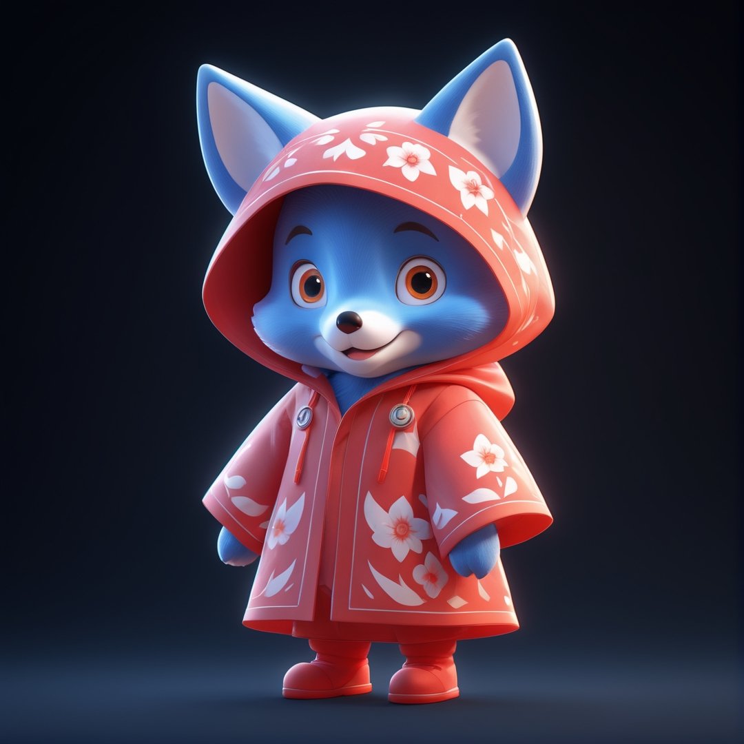 (full body) Mascot cute cuddly blue Fox, wearing a full red robe printed with white flame pattern, big red eyes, extremely detailed, intricate details, muted color scheme, subtle gradients, photorealistic, 8k, 3d style,3d style