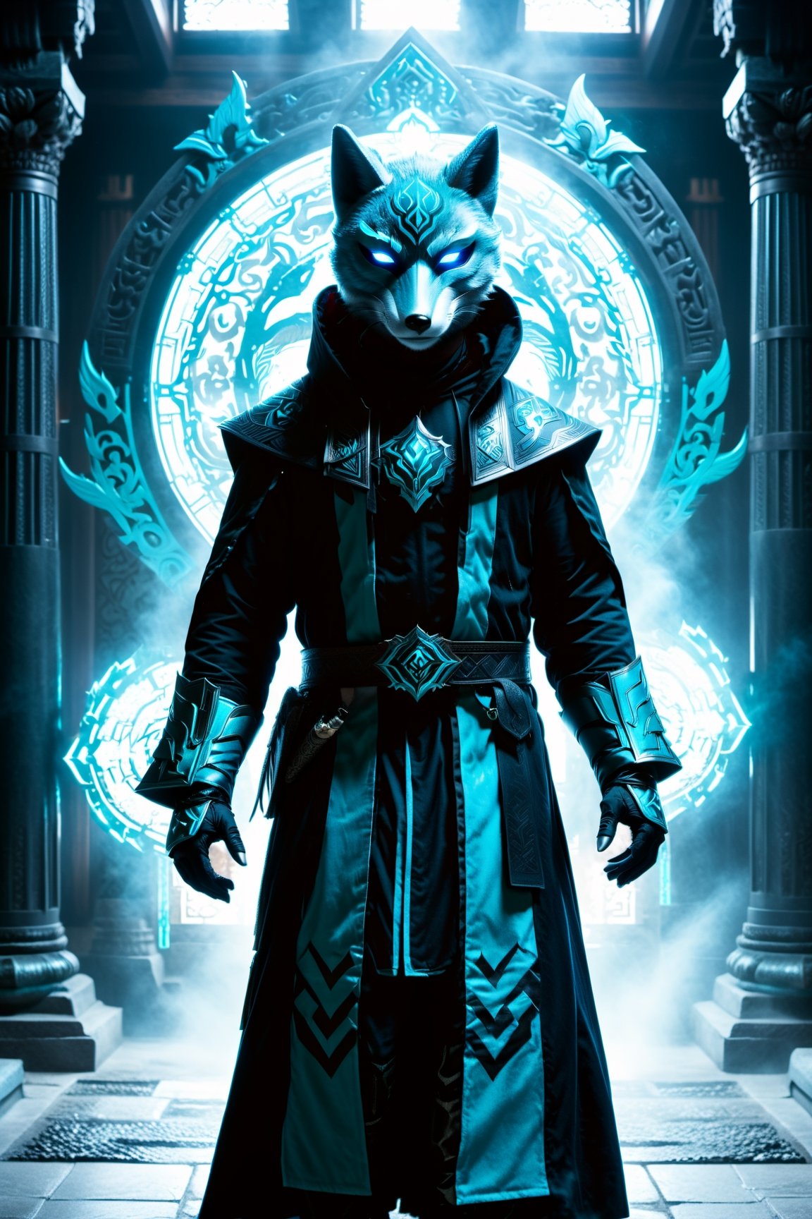 Man in black robe, blue fox mask, in the style of dark gray and dark cyan, rtx on, hero pose, eletric color scheme, temple-inspired, cinematic, 8k, more detail XL,more detail XL