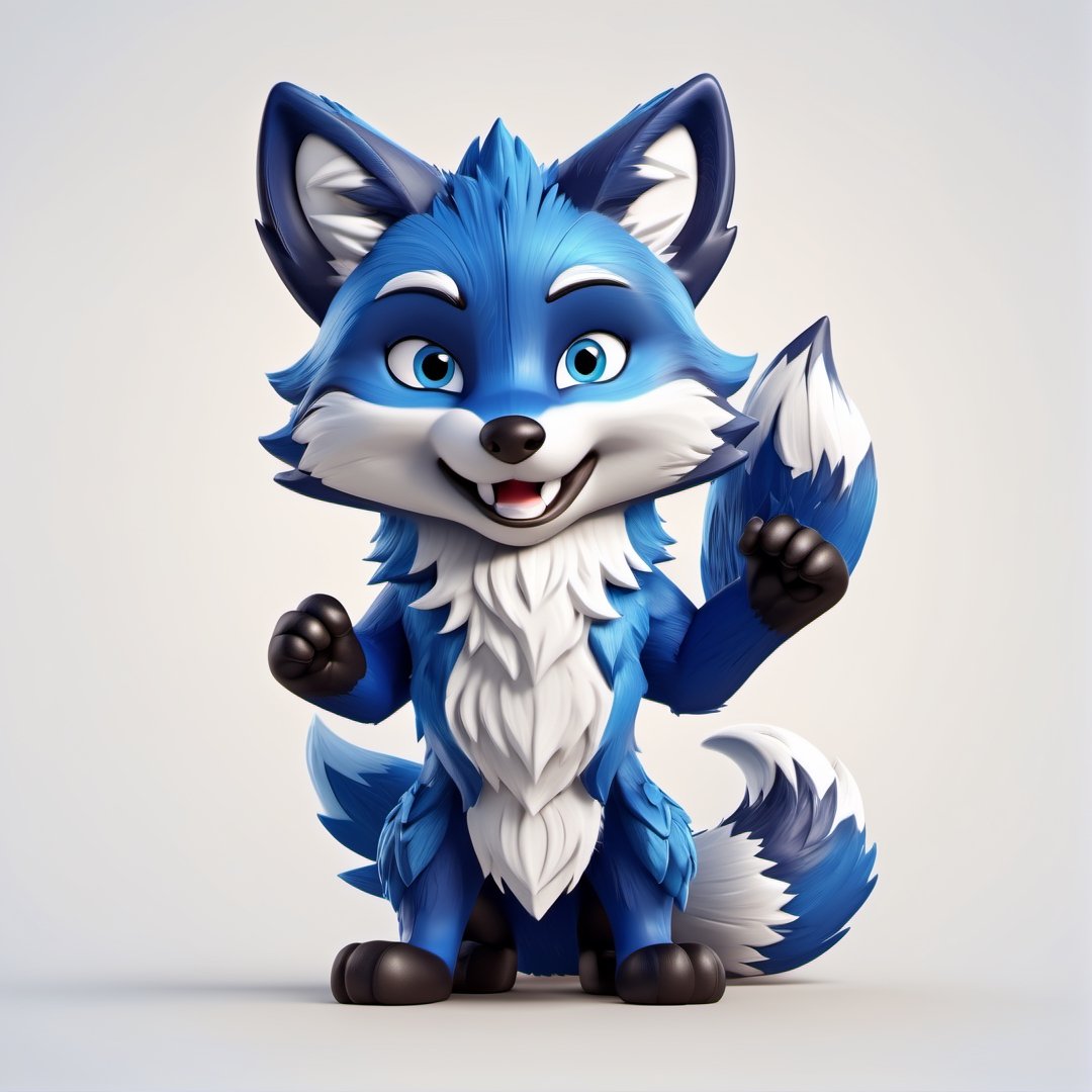 (full body) Tribal version mascot of cute and cuddly blue fox, angry expression, fighting pose, masterpiece artwork, white accent, detailed face features, sharp eyes, extremely detailed, intricate details, muted color scheme, subtle gradients, photorealistic, 8k, 3d style