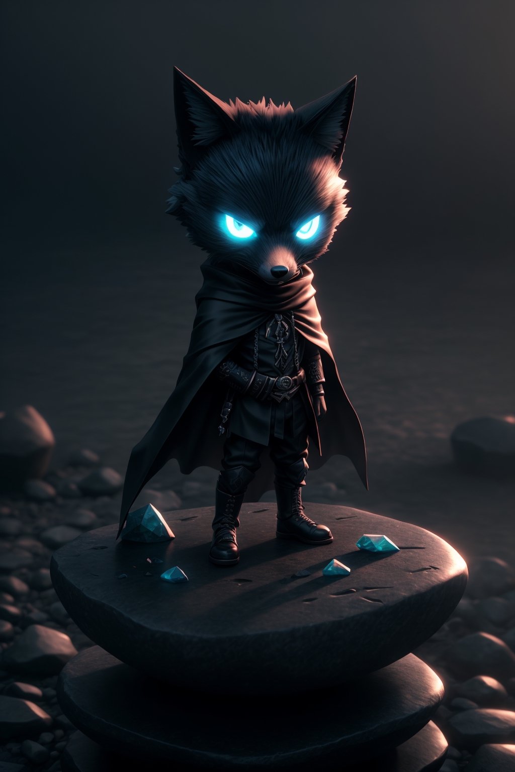 (full body) zhibi, chibi, animal wavie Wraith, small wavie Wraith, angry male blue fox in a black cloak, meditating above an stone altar with crystals, big red eyes, extremely detailed, intricate details, muted color scheme, subtle gradients, photorealistic, 8k, 3d style, 3d style, 3d toon style,