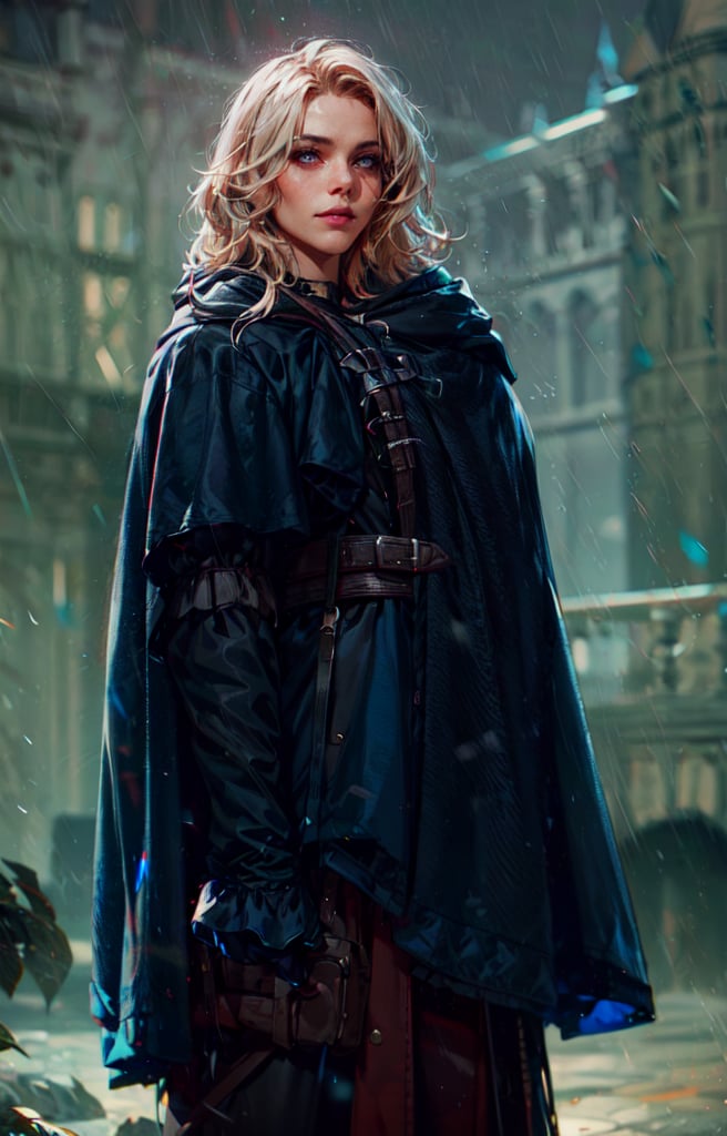 1girl, black hood, pauldrons, medieval black raincoat, corset, chromatic aberration, particles, dark atmosphere, realistic, blurry background, volumetric lighting, standing, portrait, looking at camera ,perfecteyes