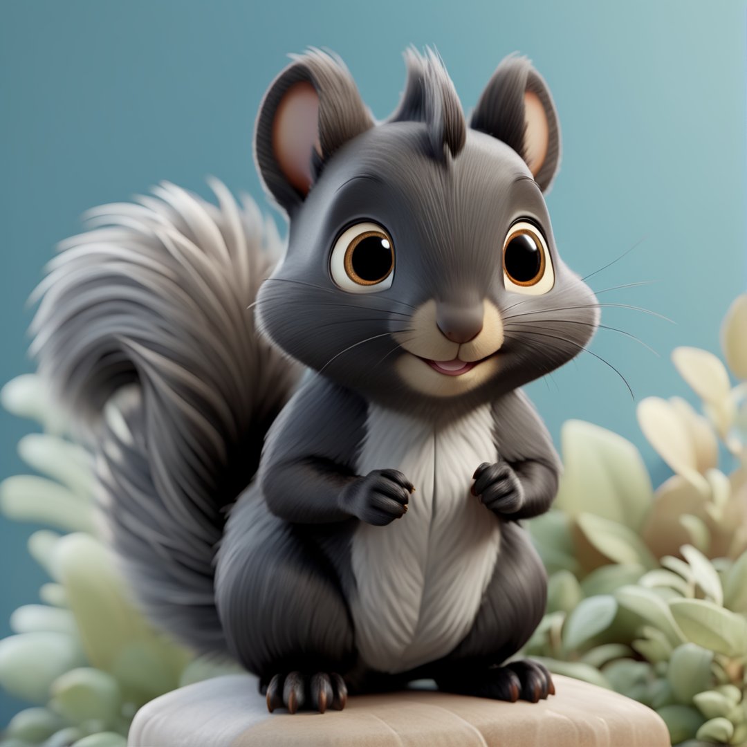 (full body) cute black squirrel, sharp eyes, extremely detailed, intricate details, muted color scheme, subtle gradients, photorealistic, 8k, 3d style,gabumon