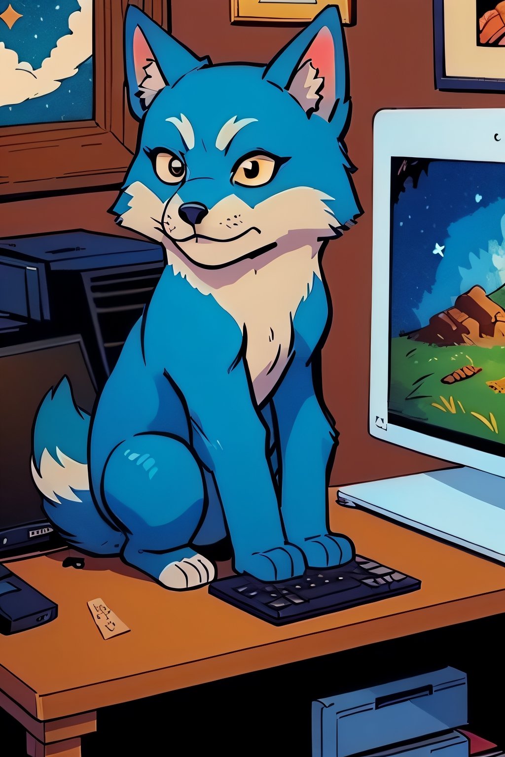 (masterpiece:1.5), (best quality:1.5), cute little blue fox, animal, computer room, Comic Art Style