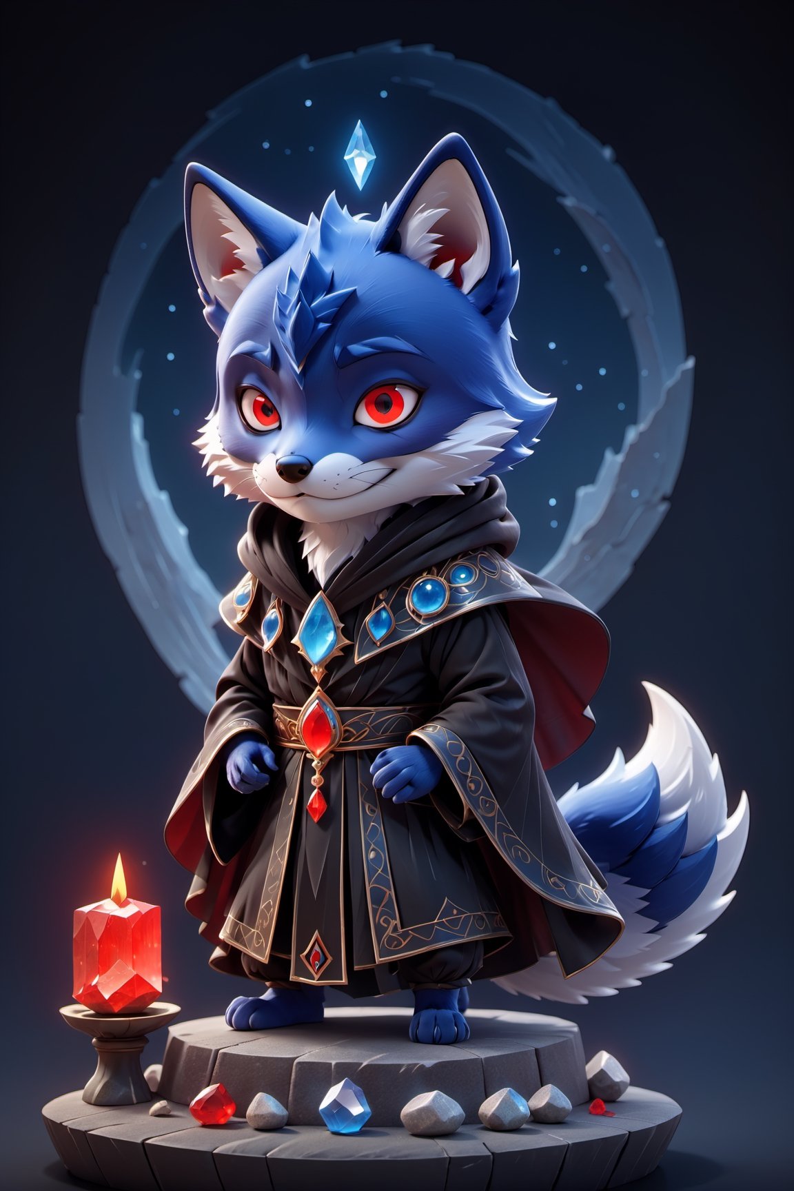 (full body) zhibi, chibi, animal wavie Wraith, small wavie Wraith, angry male blue fox in a black cloak, meditating above an stone altar with crystals, big red eyes, extremely detailed, intricate details, muted color scheme, subtle gradients, photorealistic, 8k, 3d style, 3d style, 3d toon style