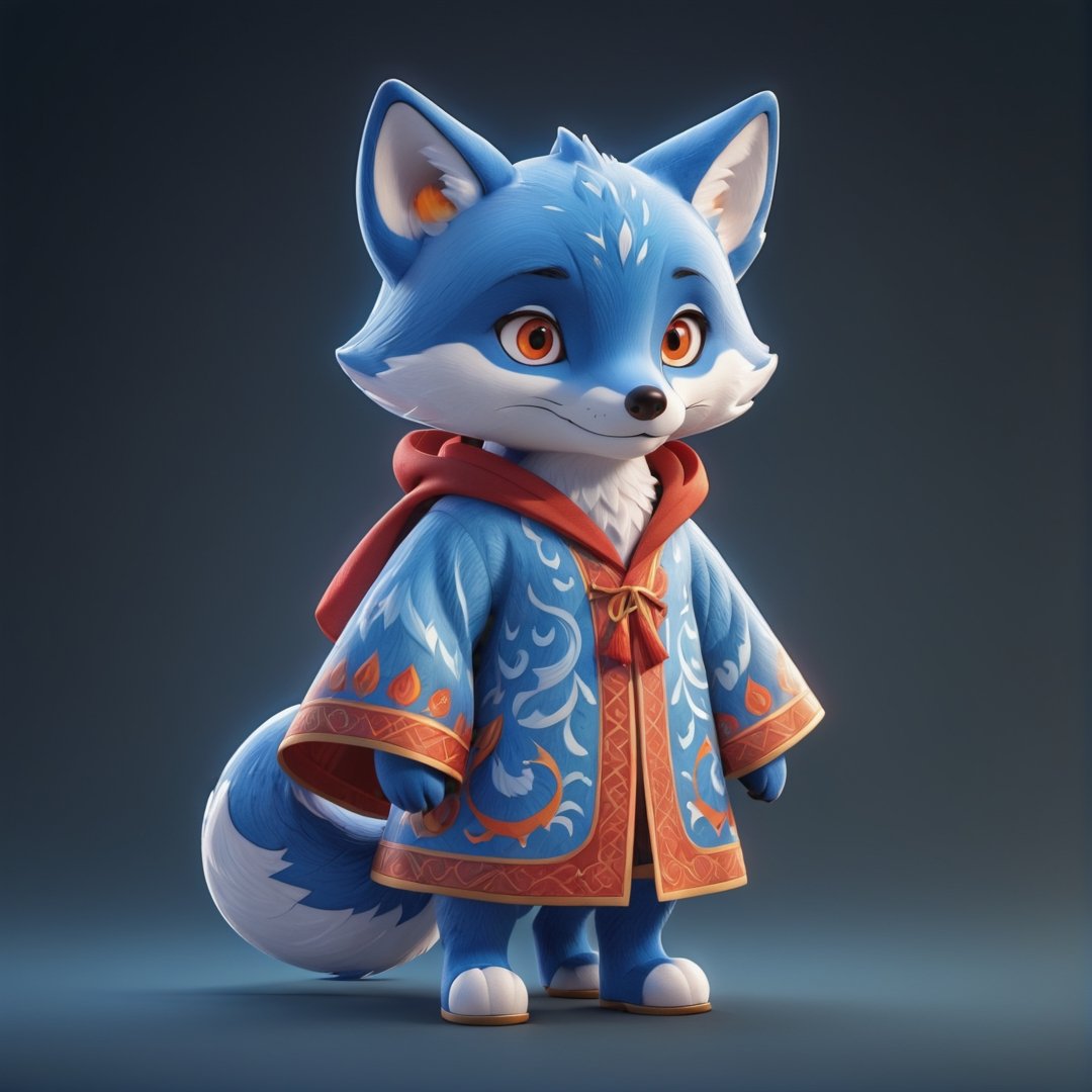 (full body) Mascot cute cuddly blue Fox, looking at camera, wearing a full red robe with printed flame pattern, big red eyes, extremely detailed, intricate details, muted color scheme, subtle gradients, photorealistic, 8k, 3d style,3d style