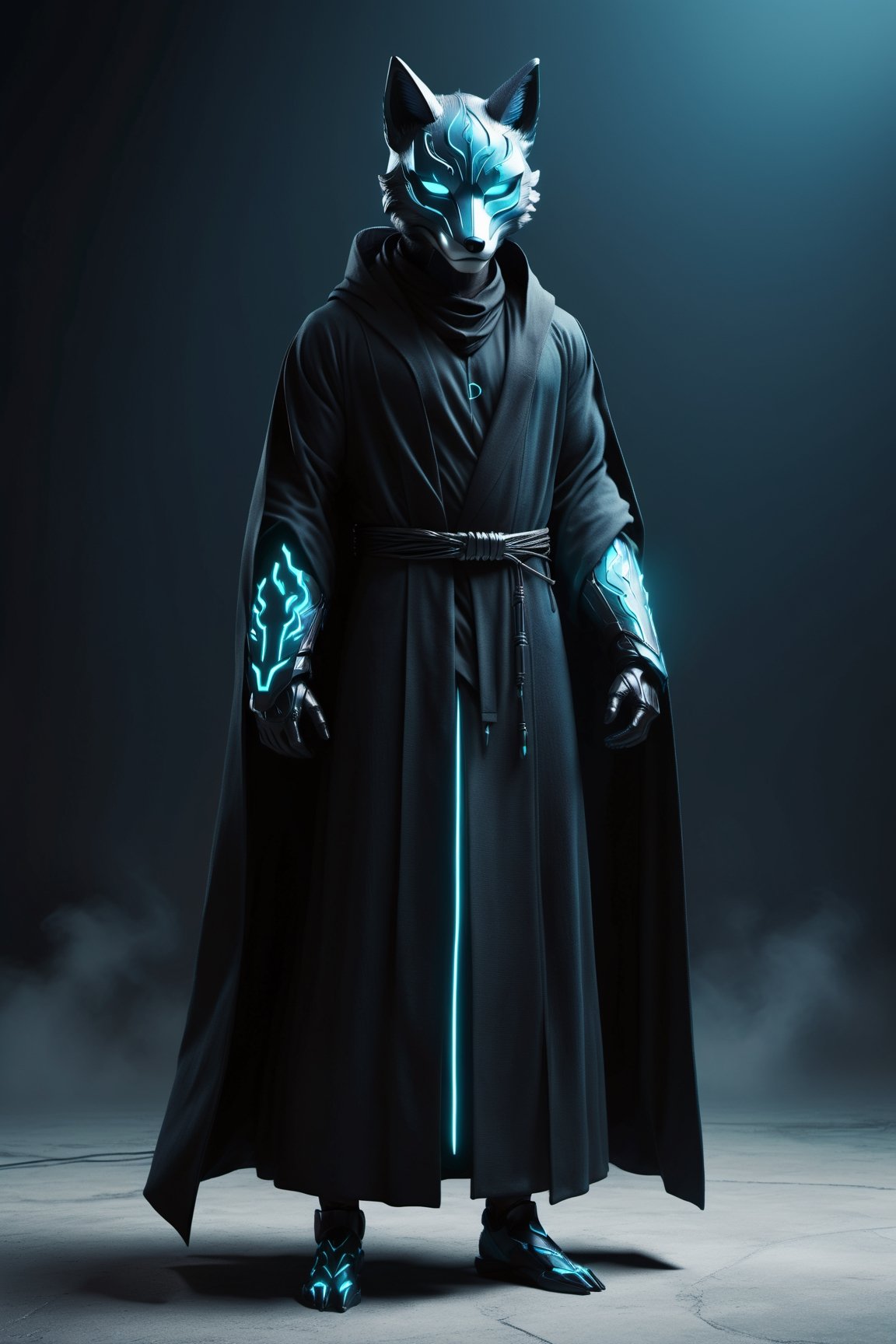 (Fullbody0), Man in black robe, blue fox mask, in the style of dark gray and dark cyan, rtx on, automatism, electric color schemes, hero pose, futurism-inspired, cinematic, 8k