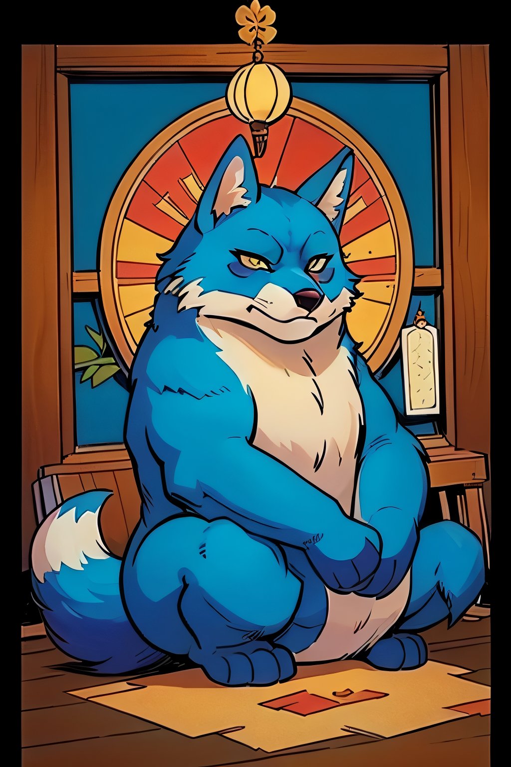 (masterpiece:1.5), (best quality:1.5), cute blue fox, animal, in temple, Comic Art Style