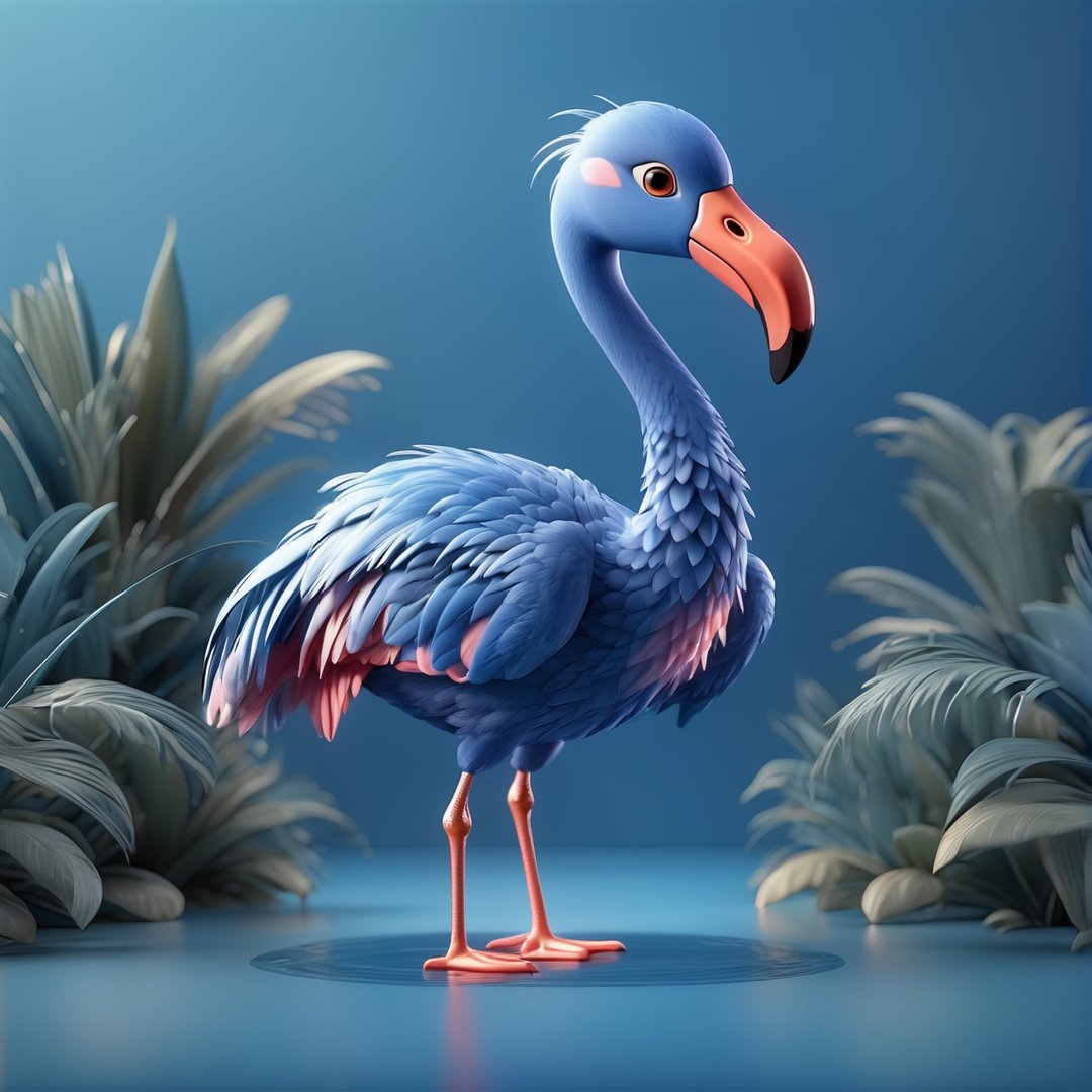 (full body) cute blue flamingo, sharp eyes, extremely detailed, intricate details, muted color scheme, subtle gradients, photorealistic, 8k, 3d style,gabumon