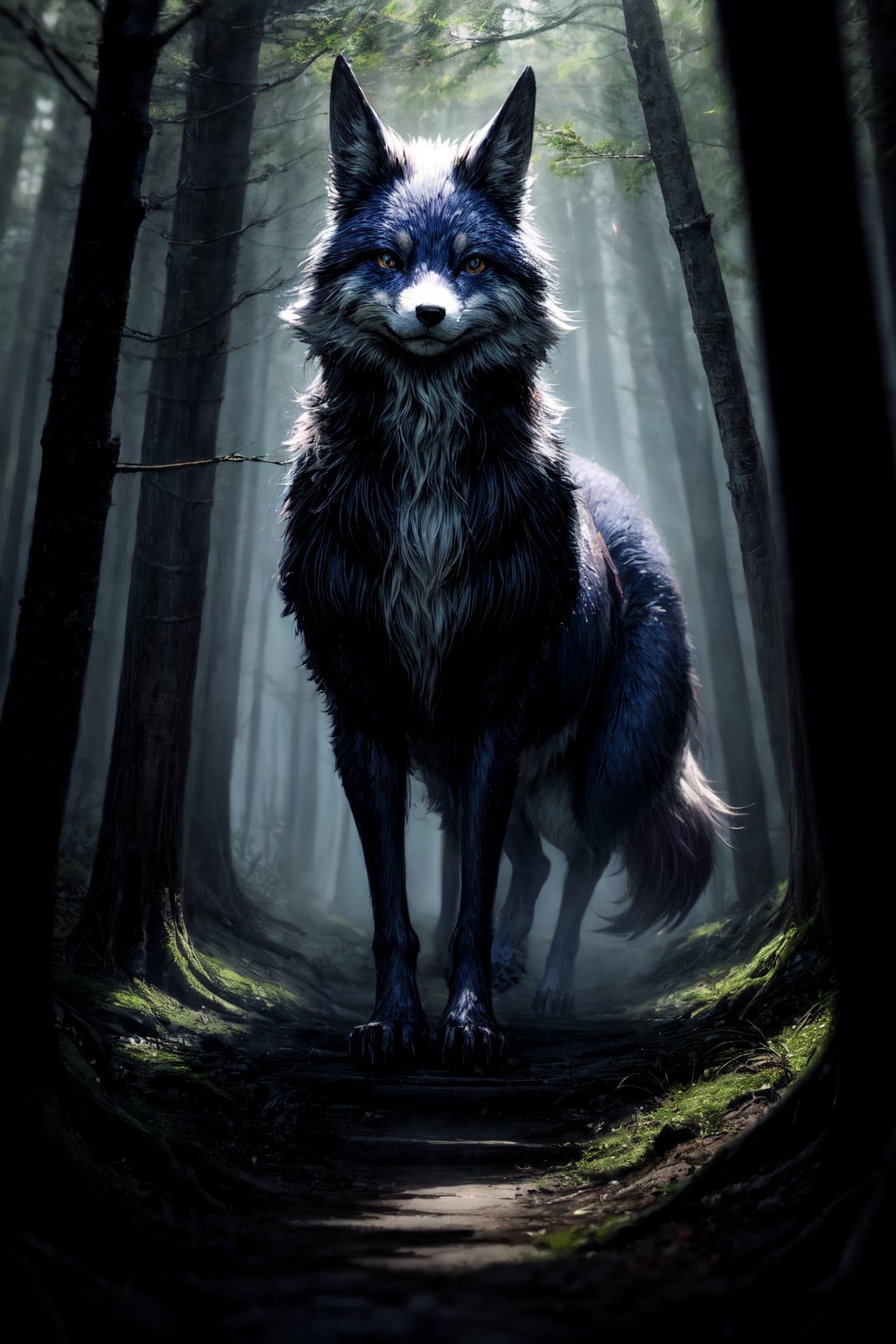 Giant Blue Fox, A majestic giant blue fox gracefully traverses the forest, its fur shimmering like sapphire under dappled sunlight. It moves silently, its paws barely touching the forest floor. The trees stand tall around it, shrouded in a mysterious, swirling mist that conceals the world beyond. Ancient roots coil like serpents beneath the fox's feet. The air is filled with an earthy, musty scent, and the silence is occasionally broken by distant bird calls. The fox's presence exudes both elegance and power, a mystical guardian of the forest.

Environment: Enveloped in a mystical, fog-laden forest.

Mood: Enigmatic and majestic.

Atmosphere: Mysterious and serene.

Lighting Effect: Soft, diffused sunlight filters through the fog, casting a gentle blue glow over the forest. The fox is bathed in a warm, ethereal radiance, while the shadows playfully dance around the trees, creating an aura of magic and wonder.