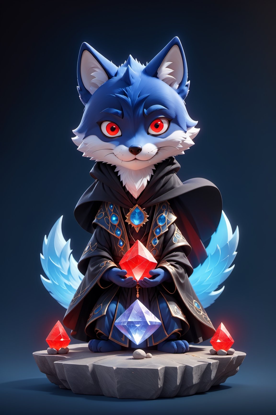 (full body) zhibi, chibi, animal wavie Wraith, small wavie Wraith, angry male blue fox in a black cloak, meditating above an stone altar with crystals, big red eyes, extremely detailed, intricate details, muted color scheme, subtle gradients, photorealistic, 8k, 3d style, 3d style, 3d toon style