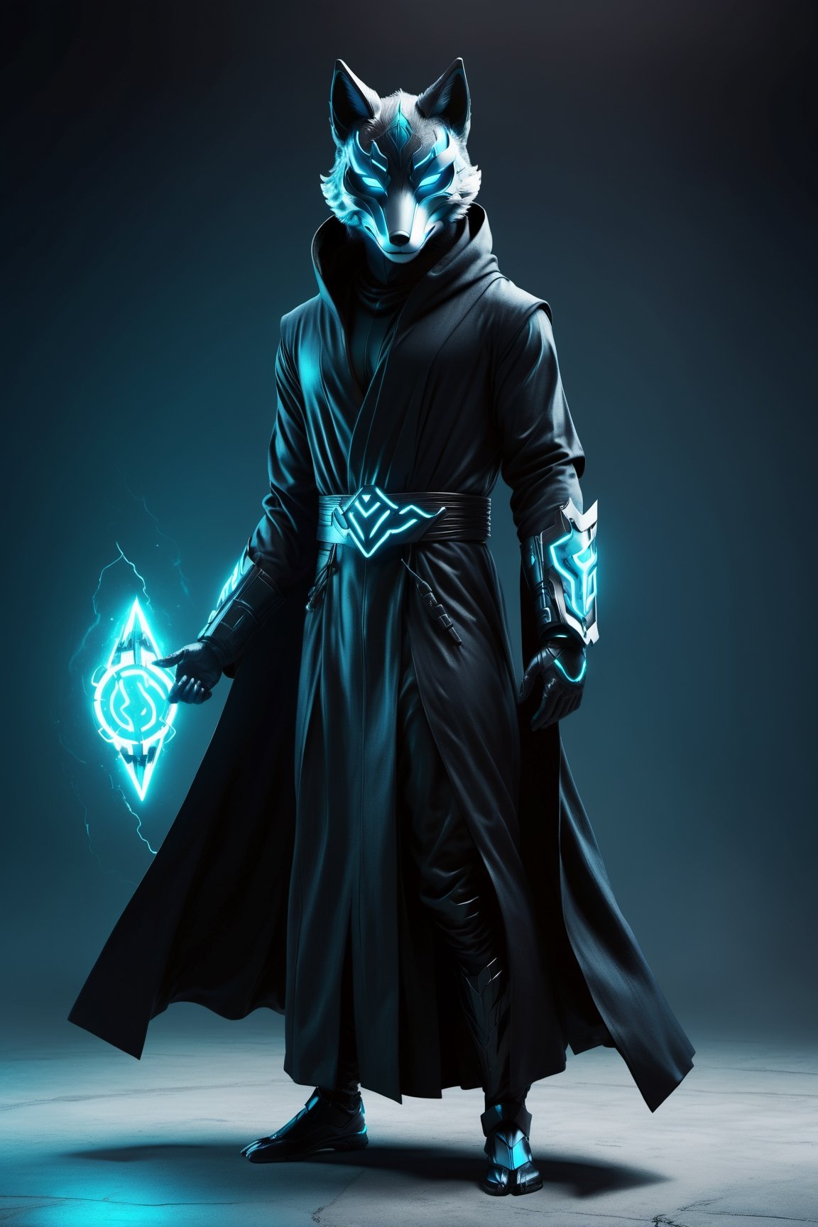 (Fullbody0), Man in black robe, blue fox mask, in the style of dark gray and dark cyan, rtx on, automatism, electric color schemes, hero pose, futurism-inspired, cinematic, 8k