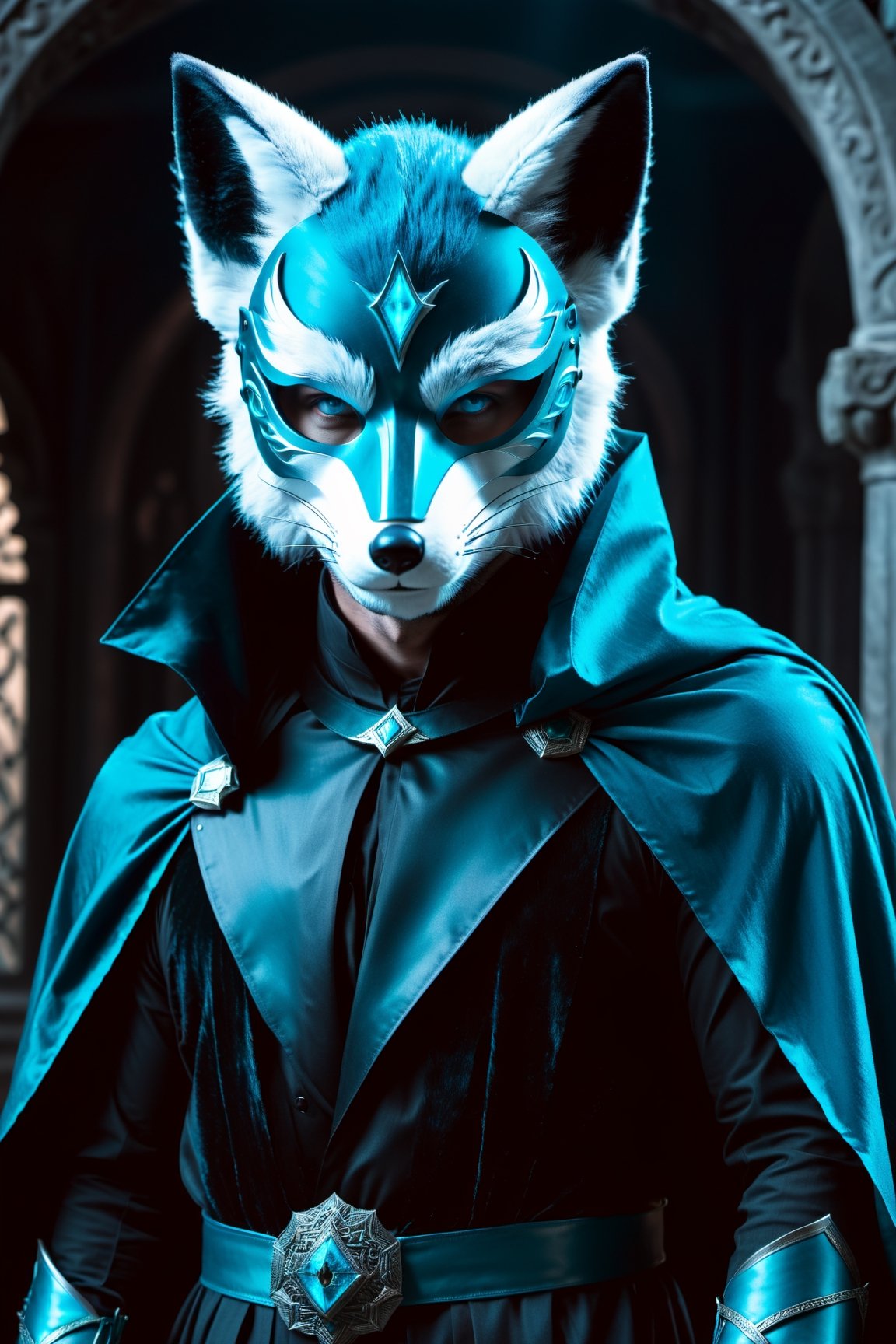 Closed up shot, Man in black cloak robe, wearing a blue fox mask, in the style of dark gray and dark cyan, rtx on, electric color scheme, temple-inspired, cinematic, 8k