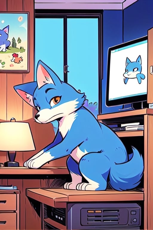 (masterpiece:1.5), (best quality:1.5), cute little blue fox, animal, computer room, Comic Art Style