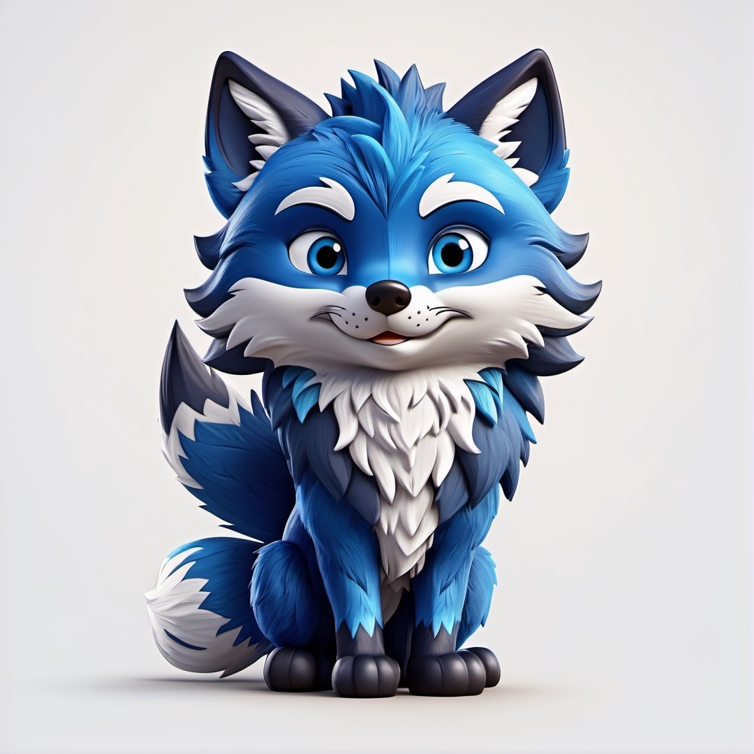 (full body) Tribal version mascot of cute and cuddly blue fox, angry expression, fighting pose, masterpiece artwork, white accent, detailed face features, sharp eyes, extremely detailed, intricate details, muted color scheme, subtle gradients, photorealistic, 8k, 3d style