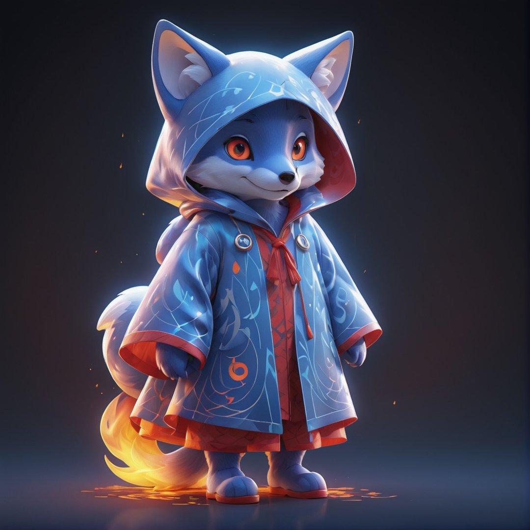 (full body) Mascot cute cuddly blue Fox, looking at camera, wearing a full red robe with printed flame pattern, big red eyes, extremely detailed, intricate details, muted color scheme, subtle gradients, photorealistic, 8k, 3d style,3d style