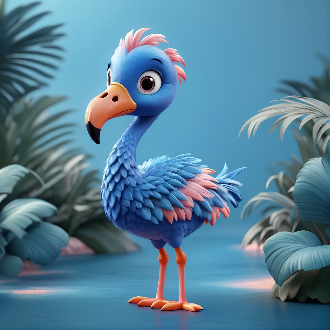 (full body) cute blue flamingo, sharp eyes, extremely detailed, intricate details, muted color scheme, subtle gradients, photorealistic, 8k, 3d style,gabumon