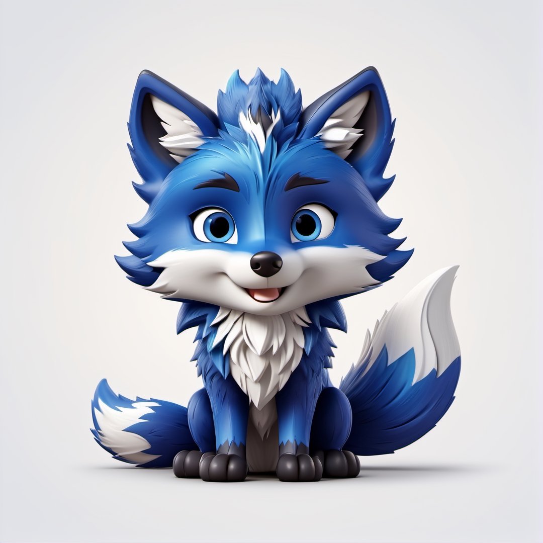 (full body) Tribal version mascot of cute and cuddly blue fox, angry expression, fighting pose, masterpiece artwork, white accent, detailed face features, sharp eyes, extremely detailed, intricate details, muted color scheme, subtle gradients, photorealistic, 8k, 3d style