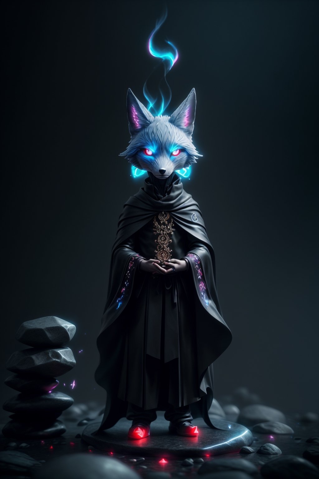 (full body) zhibi, chibi, animal wavie Wraith, small wavie Wraith, male blue fox in a black cloak, meditating above an stone altar with crystals, big red eyes, extremely detailed, intricate details, muted color scheme, subtle gradients, photorealistic, 8k, 3d style, 3d style, 3d toon style,