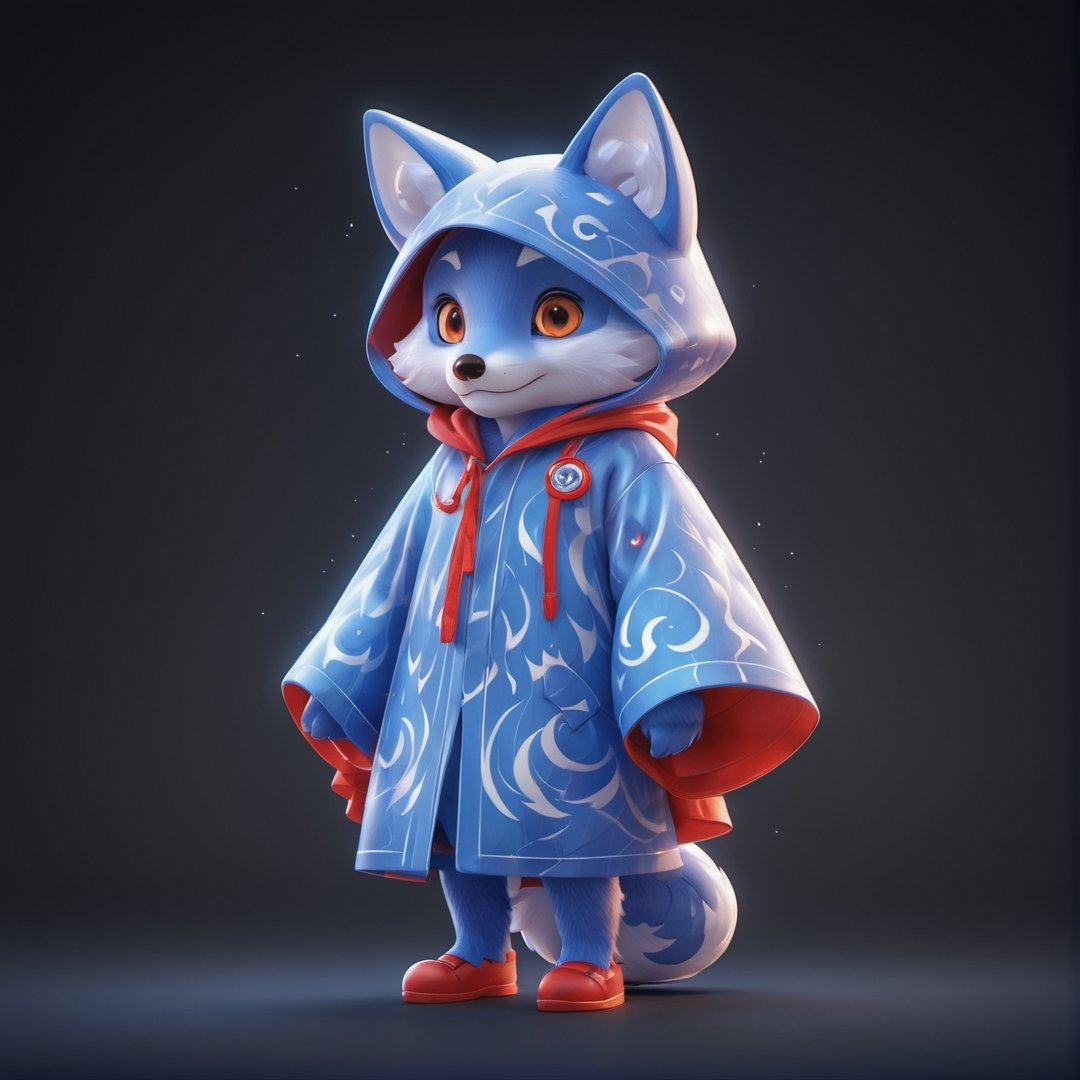 (full body) Mascot cute cuddly blue Fox, wearing a full red robe printed with white flame pattern, big red eyes, extremely detailed, intricate details, muted color scheme, subtle gradients, photorealistic, 8k, 3d style,3d style