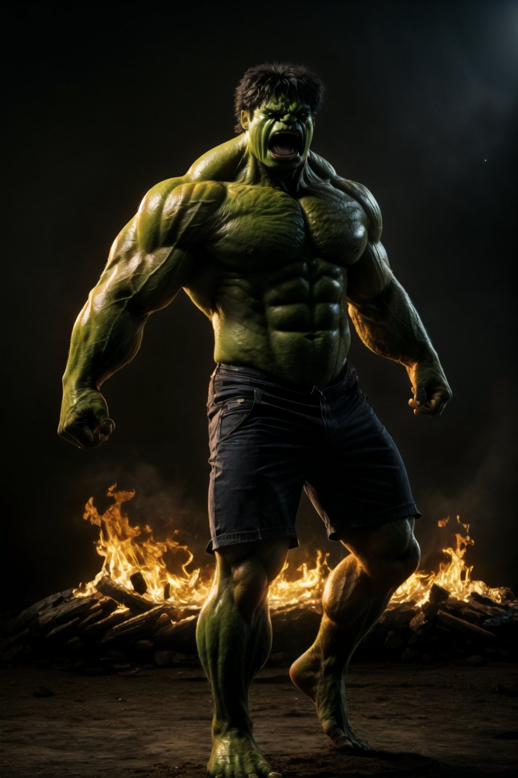 Anger hulk, big muscle:1.3, look at viewer, standing on fire, 8k uhd, high_resolution,perfecteyes, jump pose