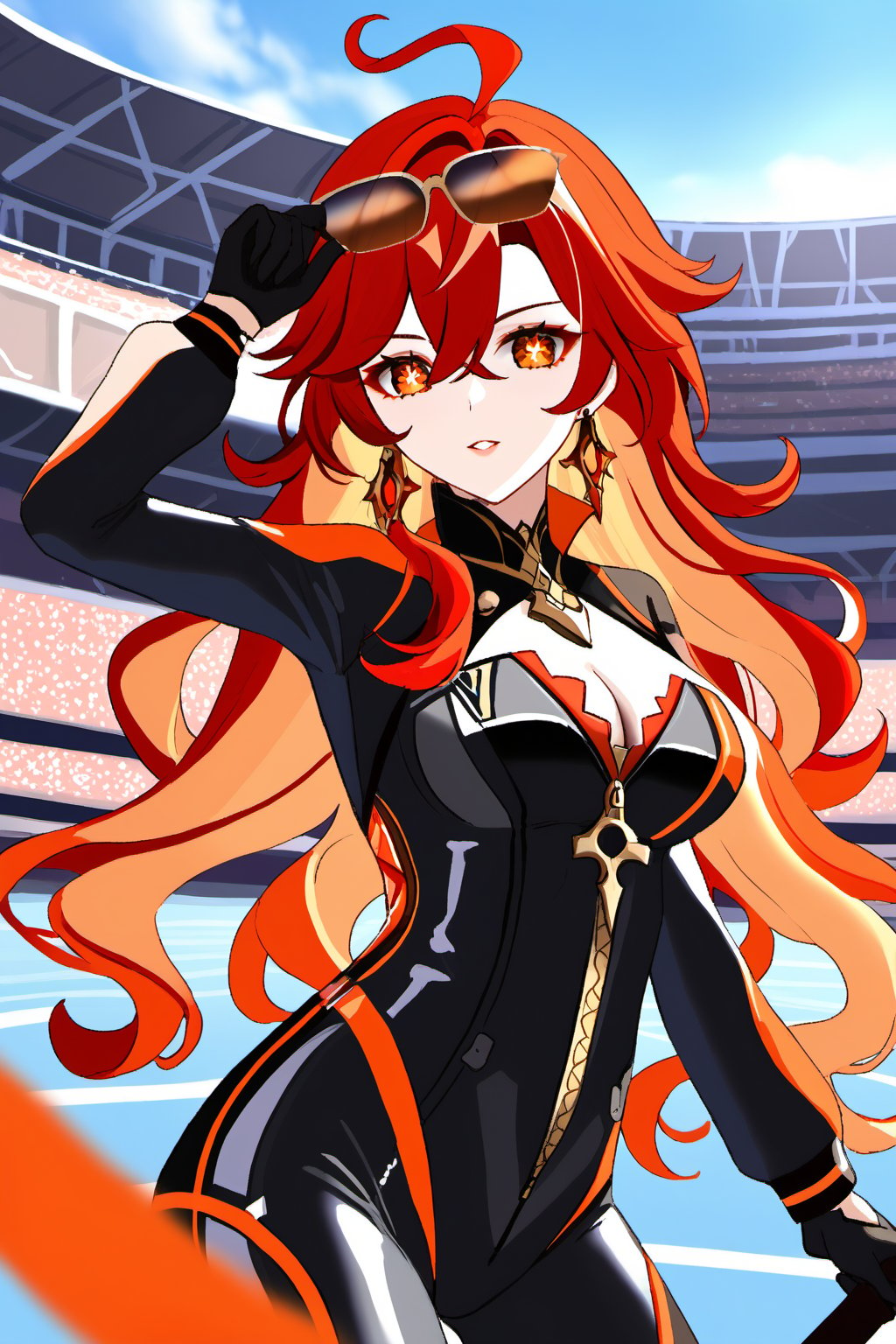 1girl, masterpiece, cowboy shot, sky, blue sky, colosseum, audience, Mavuika, long hair, very long hair, two-toned hair, red hair, orange hair, wavy hair, orange eyes, symbol-shaped pupils, ahoge, bikesuit, zipper, cleavage, black gloves, earrings, bodysuit, sunglasses,Mavuika, long hair, very long hair, two-toned hair, red hair, orange hair, wavy hair, orange eyes, symbol-shaped pupils, ahoge, bikesuit, zipper, cleavage, black gloves, earrings, sunglasses,Mavuika(Genshin Impact), 1girl, multicolor hair, red hair, long hair, two-tone hair, orange eyes, orange pupil, two-tone eyes, symbol-shaped eyes, brown-tinted eyewear, earings, biker clothes, bikesuit, black bikesuit, black gloves, big breast, two-handed sword,