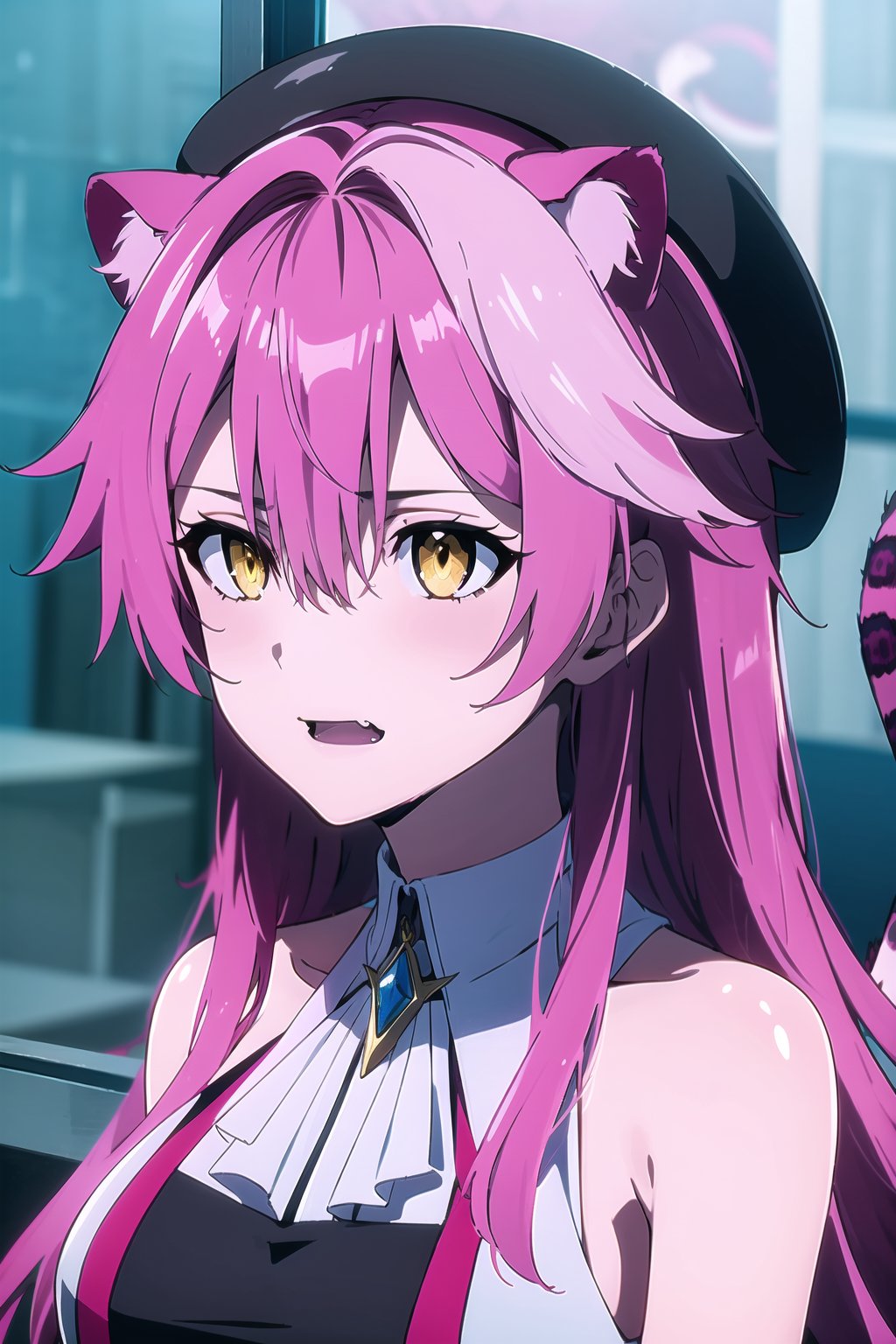 RaoraPanthera, 1girl, solo, fang, cat ears, large breasts, hat, long hair, tail, yellow eyes, pink hair, black headwear, goggles, goggles on head, leopard girl, beret, streaked hair, white hair, messy hair, sidelocks, hair between eyes, gem, hair flaps