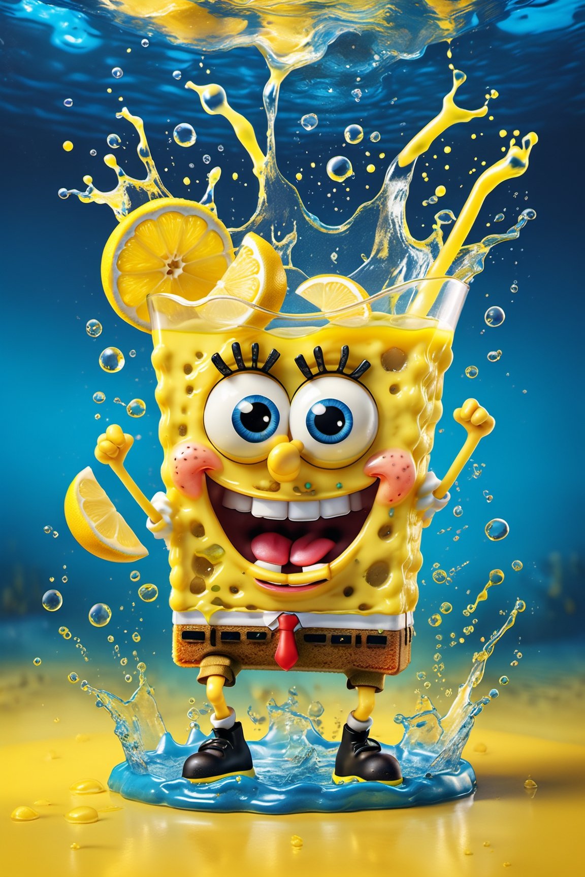 a visually stunning advertisement featuring a cute Spongebob, and is the charismatic spokesperson for a yellow lemon drink. It uses photo manipulation techniques to seamlessly blend the essence of lemon juice with the drink's bright lemony hues. Includes amazing details like splashes of lemon juice and water and succulent lemon fruit slices to make the image very eye-catching and irresistible, with ice