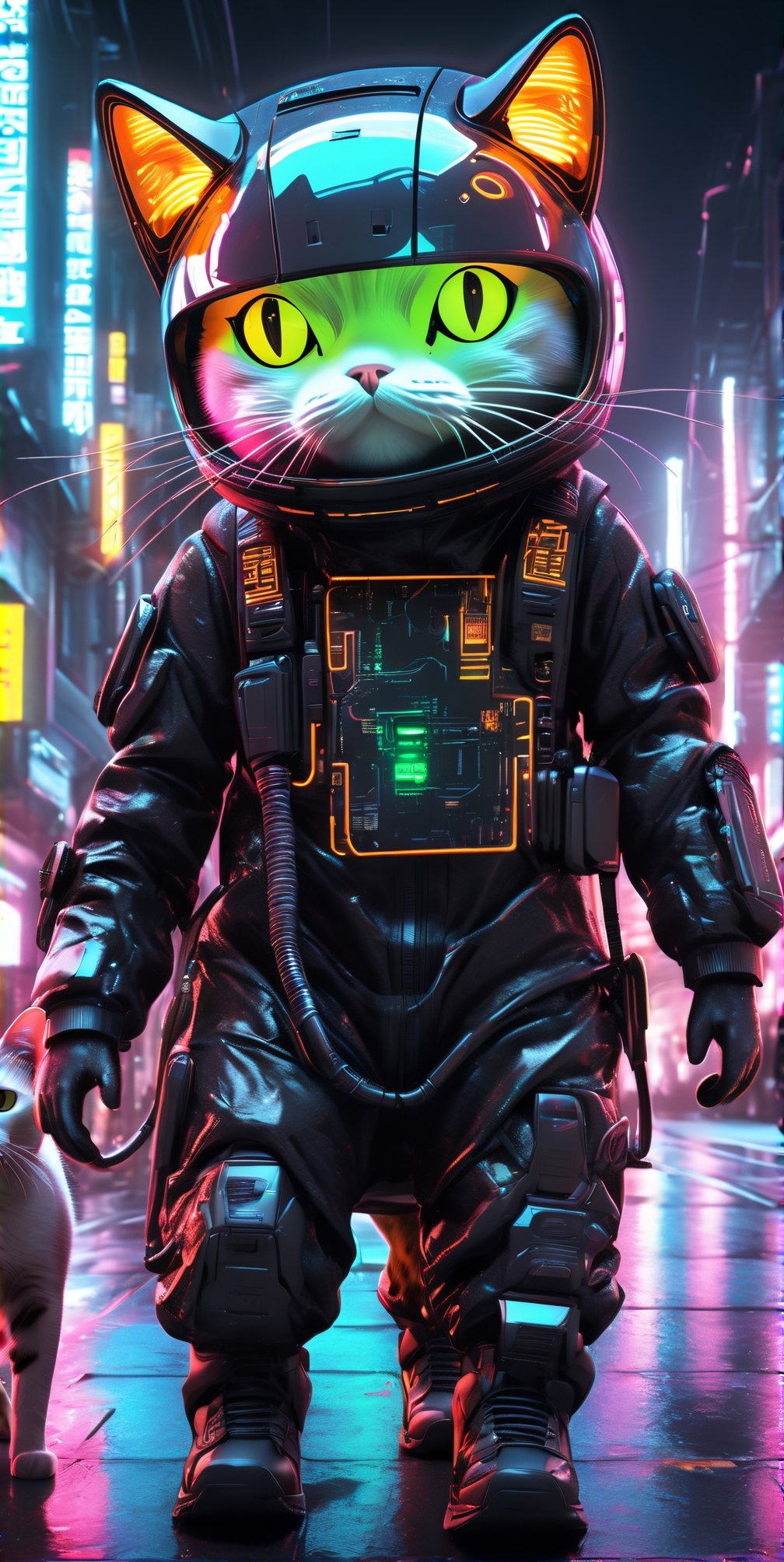 ((cat style)), dressed is a neon Transparent Glow and black dress, with a sci-fi onen light helmet, in the style of cyberpunk realism,  hoodie walking on busy street, Flexography, Ultra Wide Angle, Game Engine Rendering, Grainy, Collage, Analogous Colors, Meatcore, Infrared Lighting, Super Detailed, Photorealistic, Food Photography 