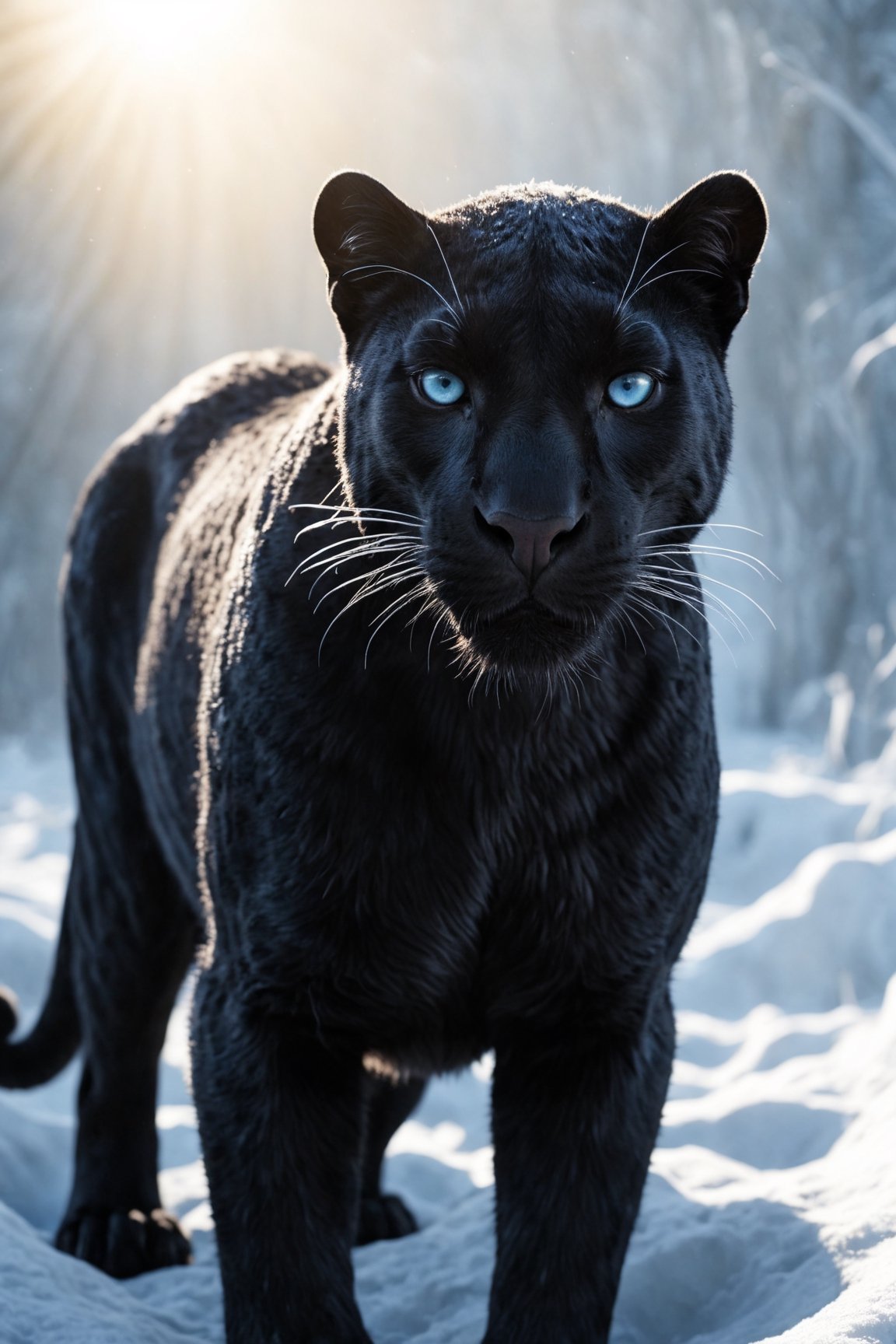 photo of a realistic black panther with detailed fur, with ice blue eyes, in a fantastic winter scene, realistic environment with sun reflections and shadows, very high quality cinematographic scenography, breathtaking scene of a great masterpiece, crazy 8k graphics, everything wonderful and detailed photorealistic, kitakoumae