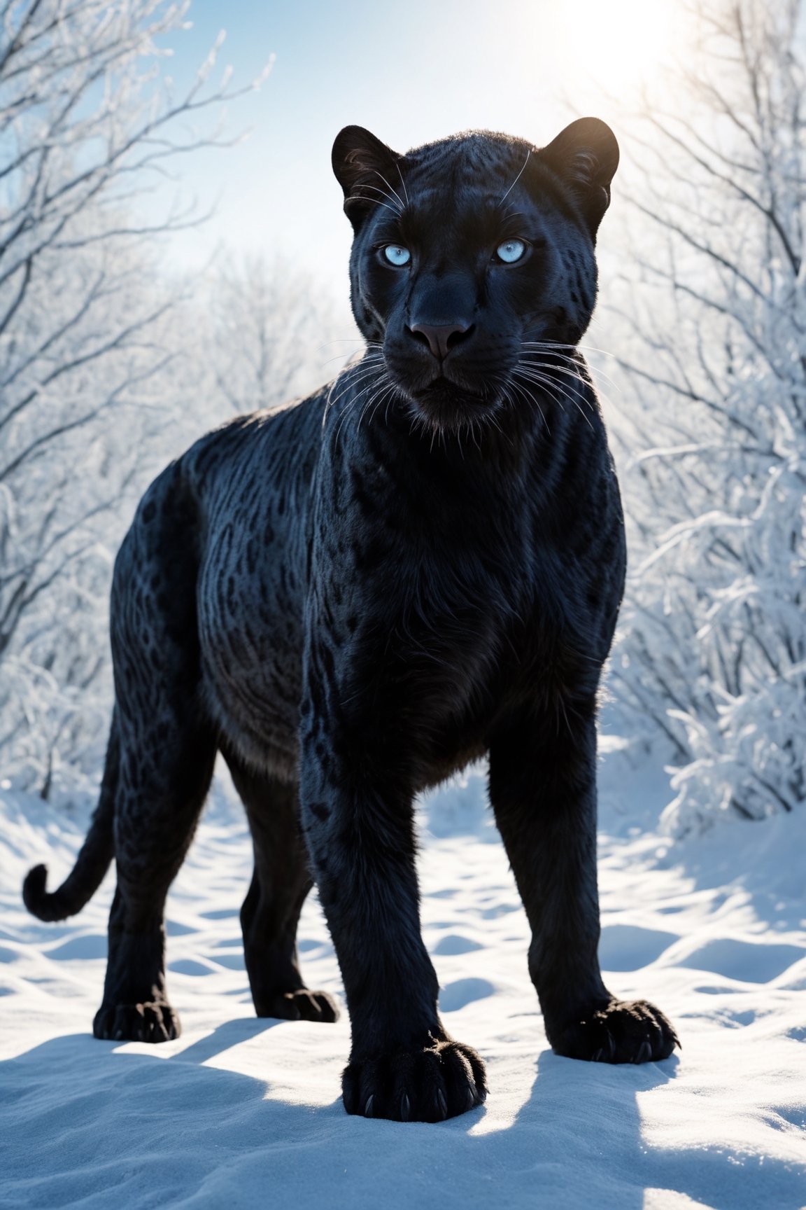photo full body of a realistic black panther with detailed fur, with ice blue eyes, in a fantastic winter scene, realistic environment with sun reflections and shadows, very high quality cinematographic scenography, breathtaking scene of a great masterpiece, crazy 8k graphics, everything wonderful and detailed photorealistic, kitakoumae