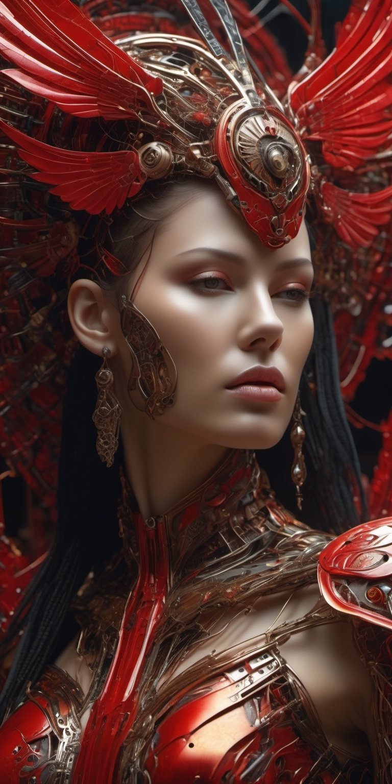 Ultra detailed complex 3d rendering of a beautiful Angel of Death, biomechanical cyborg,, 150mm lens, beautiful soft natural light, large leaves and stems, roots, fine foliage lace, colorful details, samourai, Boris Bidjan Saberi outfit, earring pearl, piercing, art nouveau embroidery, intricate details, wire mesh, mandelbrot fractal, anatomical, facial muscles, cable wires, microchip, badass, hyper realistic, ultra detailed, octane rendering, volumetric lighting, 8k post production , red and white with a bit of black, detailed metallic bones, demi-humans, iridescent colors, Glenn Brown style, white room, power of god, high angle shot, complex body poses