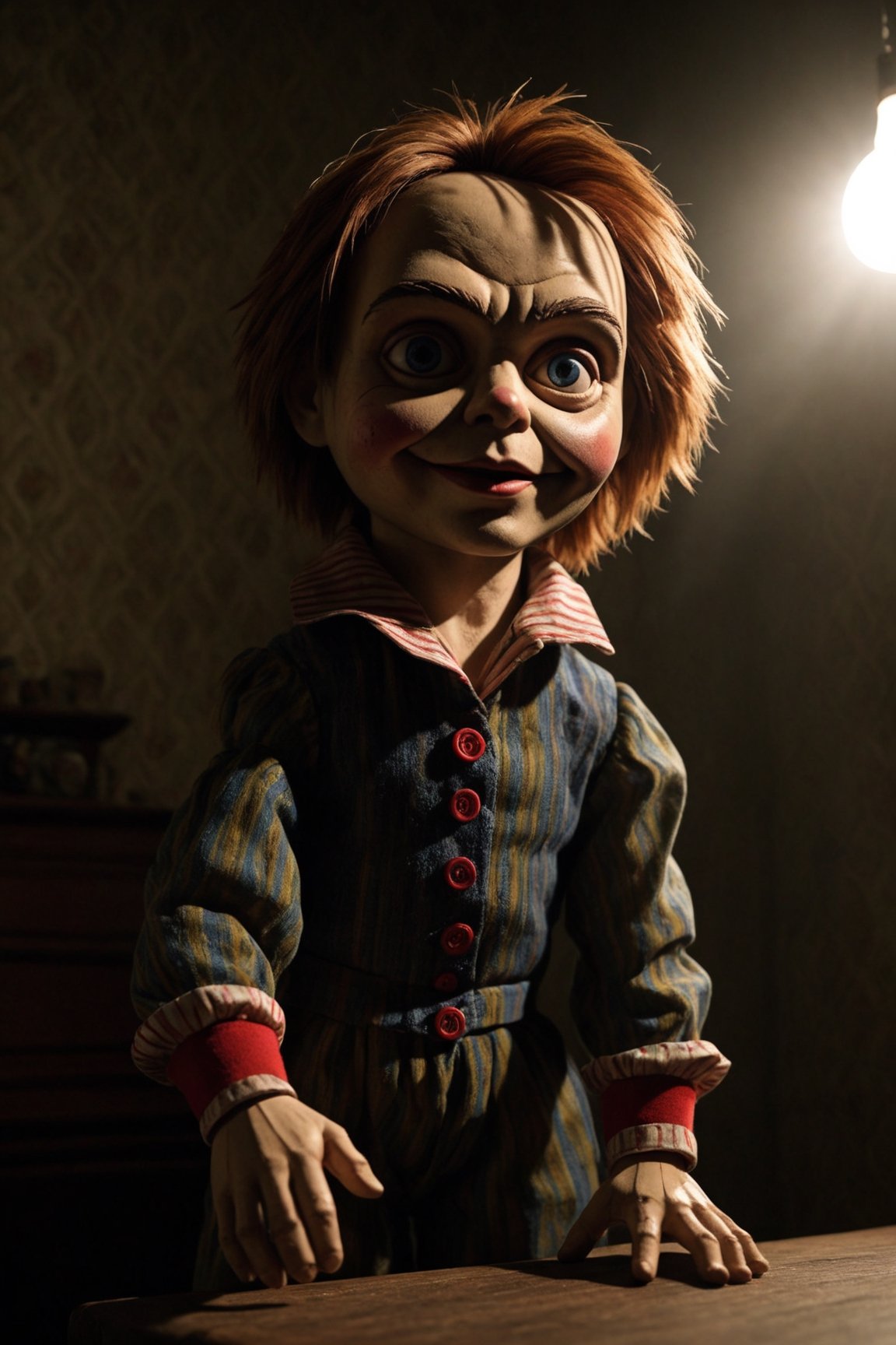 realistic puppet from the film Child's Play, in the baroque style horror bedroom, realistic environment with solar reflections and shadows, very high quality cinematographic scenography, breathtaking scene of a great masterpiece, crazy 8k graphics, everything wonderful and photorealistic detailed, kitakoumae