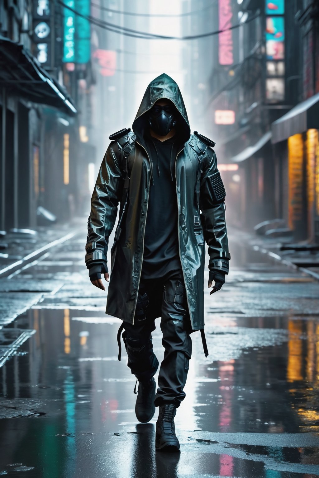 hooded man with obscured face in cyberpunk suit walking in an apocalyptic city, with gas and smoke leaks, stormy sky rain and wet streets with reflections in puddles of water, realistic shadows, all very detailed, high resolution, 4k, photo realistic with reflections and points of light, matrix style