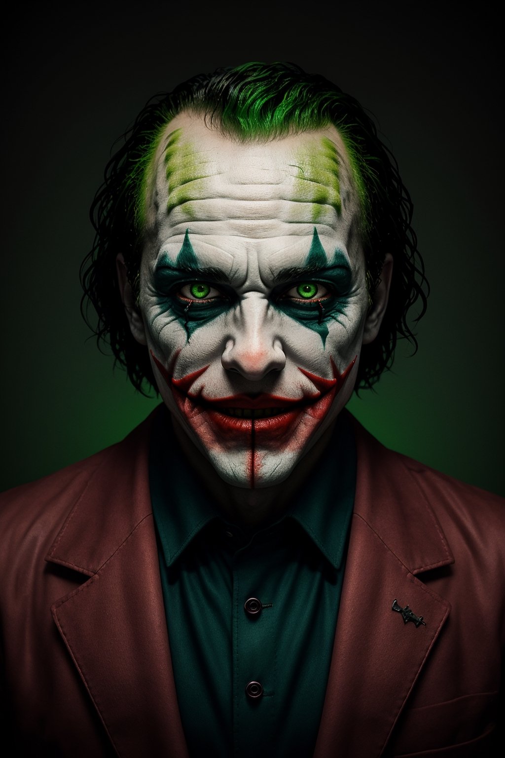 The Dark Joker with Green Evil Light eyes and lighting green thunder Dc , scary, Classic Academia, Flexography, ultra wide-angle, Game engine rendering, Grainy, Collage, analogous colors, Meatcore, infrared lighting, Super detailed, photorealistic, food photography, Cycles render, 4k