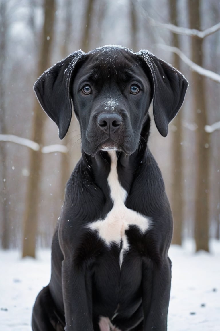 A black Great Dane puppy in winter. 