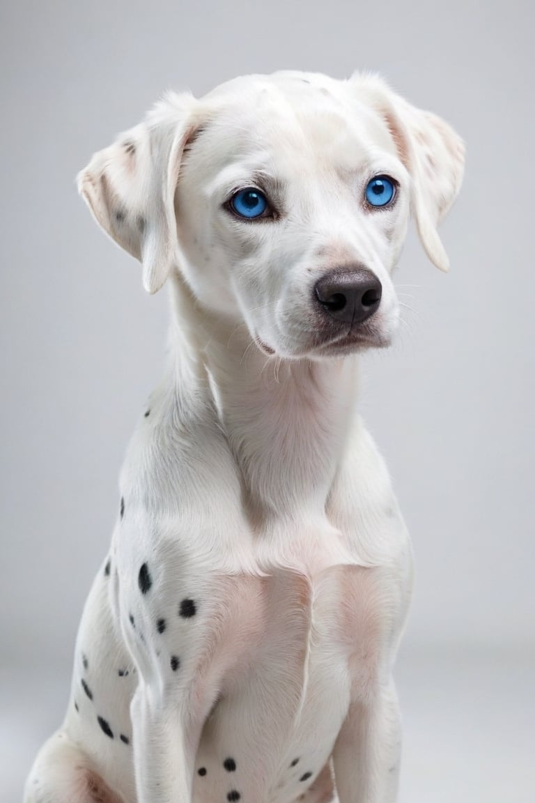 a white dalmatian with blue eyes, white background