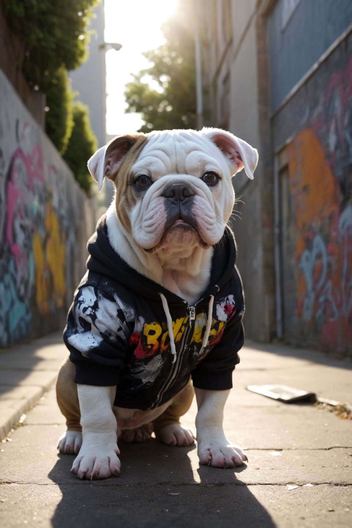 english bulldog puppy dressed in hiphop, in a neighborhood with graffiti, realistic environment with sun reflections and shadows, very high quality cinematographic scenography, breathtaking scene of a great masterpiece, crazy 8k graphics, everything wonderful and detailed photorealistic, kitakoumae