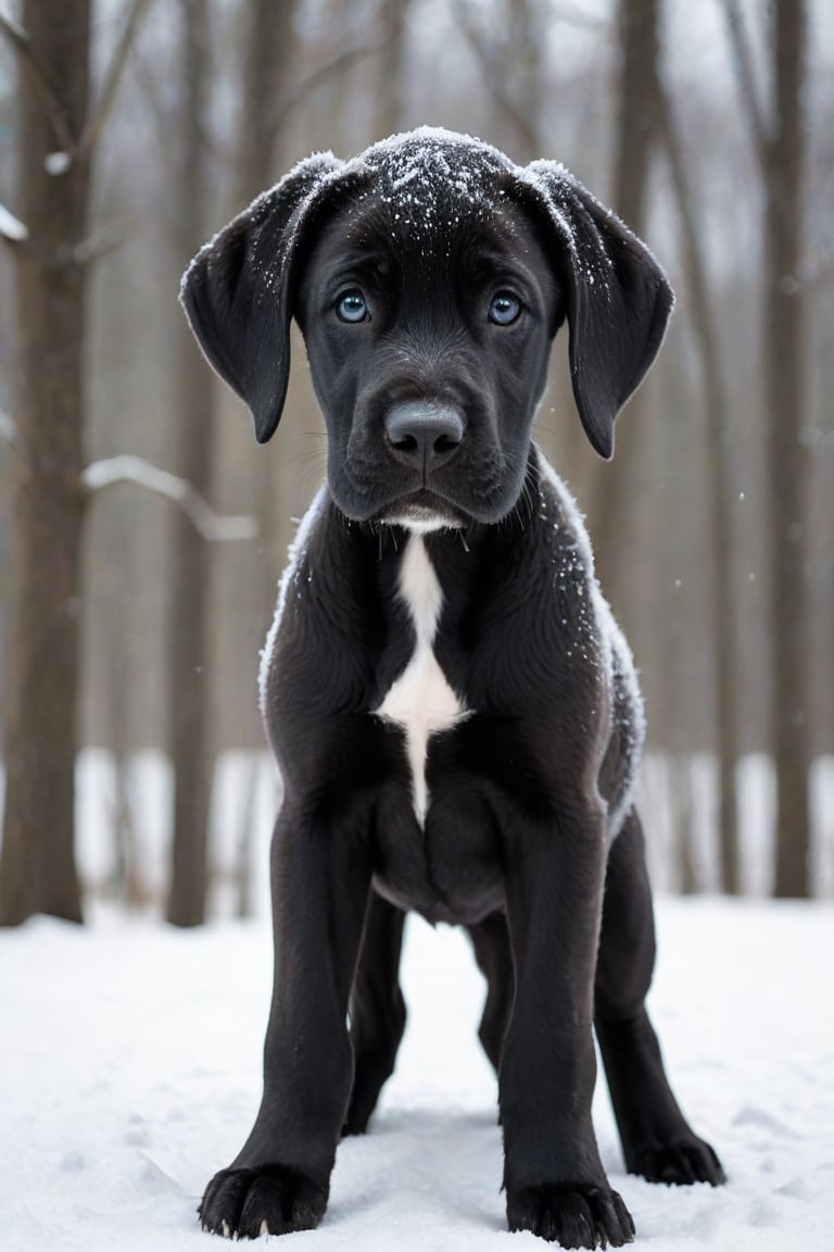 A black Great Dane puppy in winter. 