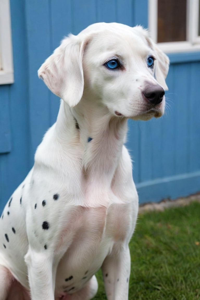 a white dalmatian with blue eyes, house background