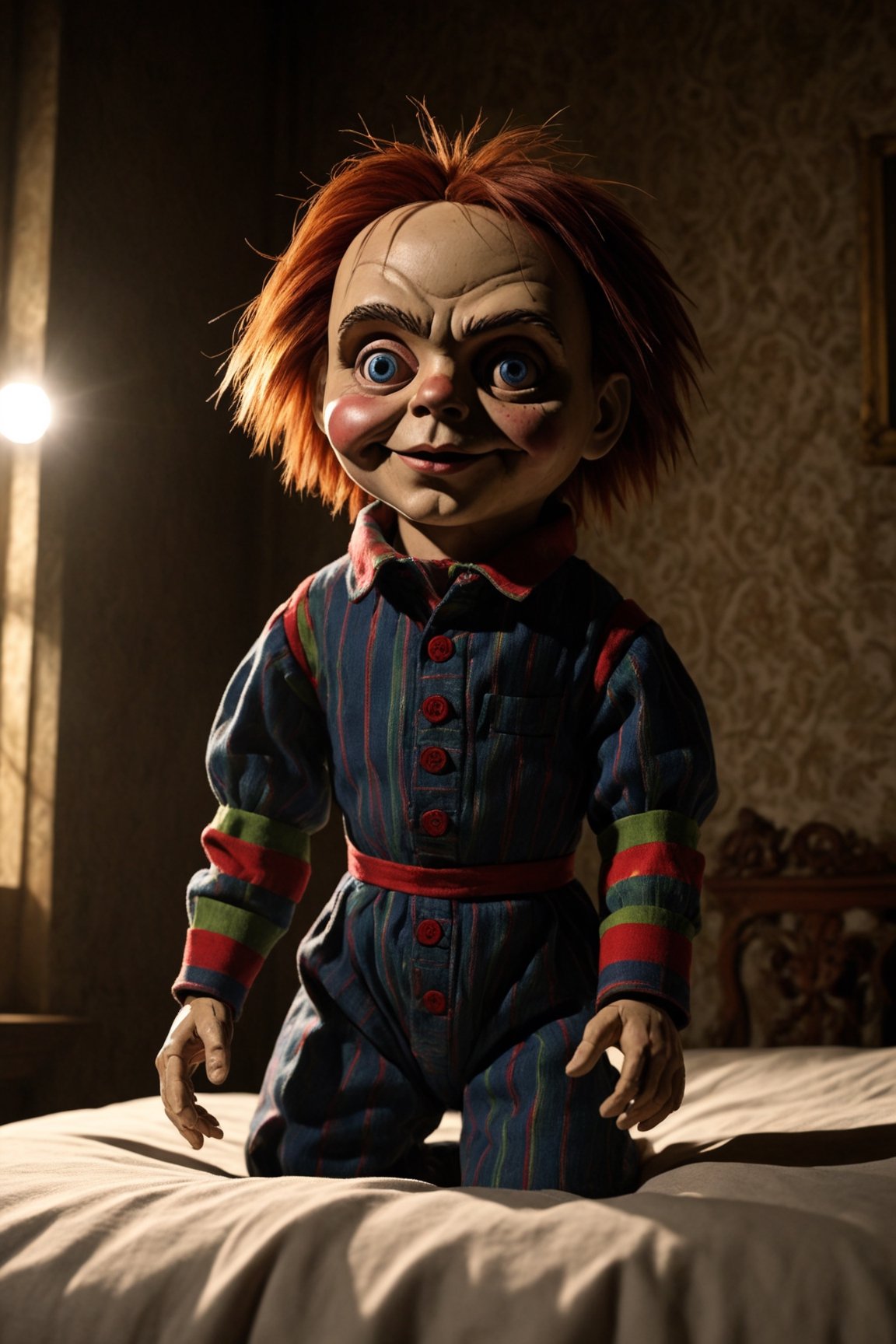 realistic puppet from the film Child's Play, in the baroque style horror bedroom, realistic environment with solar reflections and shadows, very high quality cinematographic scenography, breathtaking scene of a great masterpiece, crazy 8k graphics, everything wonderful and photorealistic detailed, kitakoumae