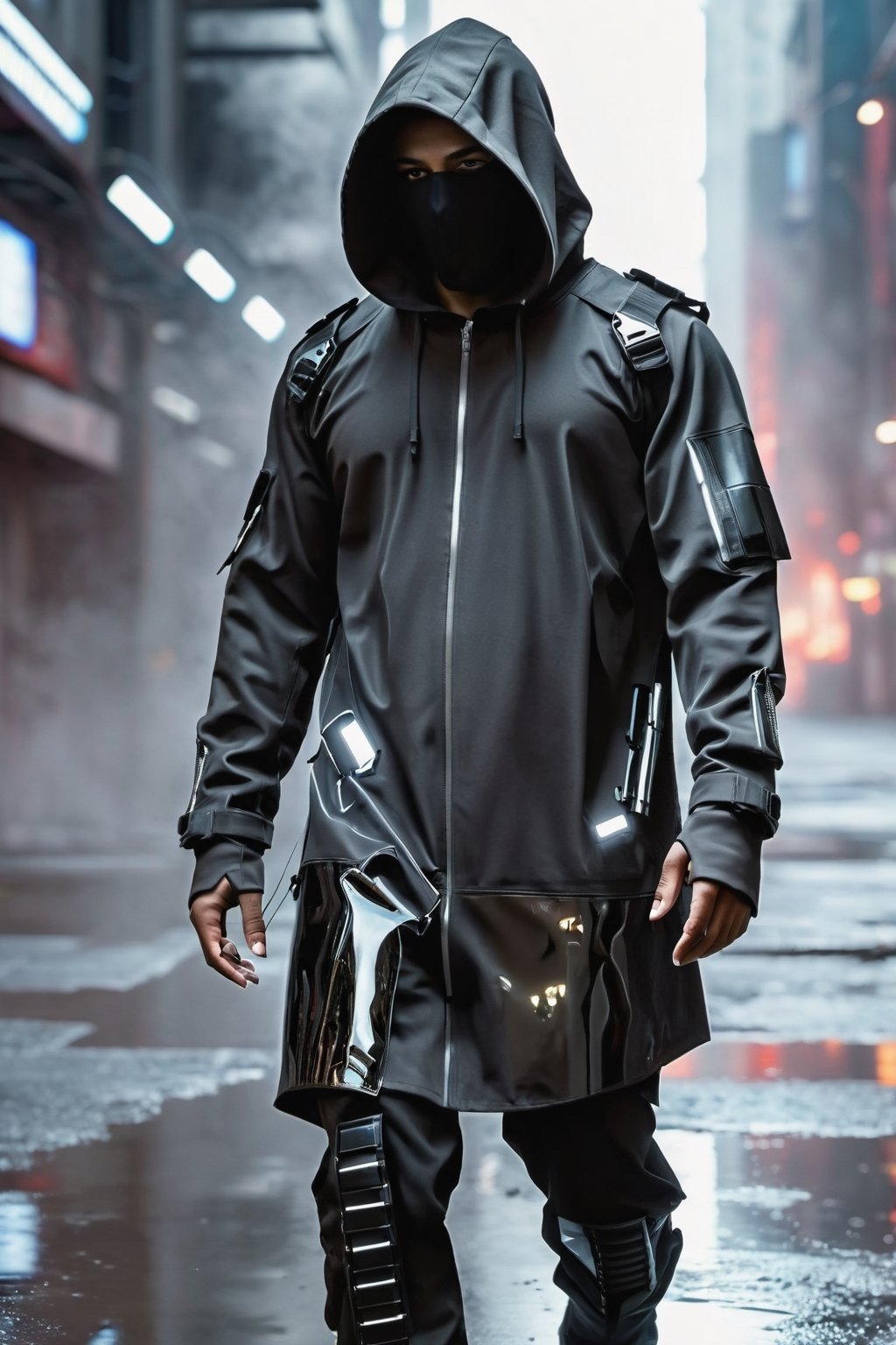 hooded man with obscured face, chloting White, cyberpunk suit of the future, walking in an apocalyptic city, with gas and smoke leaks, reddish and cloudy sky with flares, bad day with wind and rain, wet streets with reflections in puddles of water, realistic shadows, all very detailed, high resolution, 4k, realistic photo with reflections and points of light, matrix style, clots of  white, dress in high definition paying attention to details with reflections and shadows