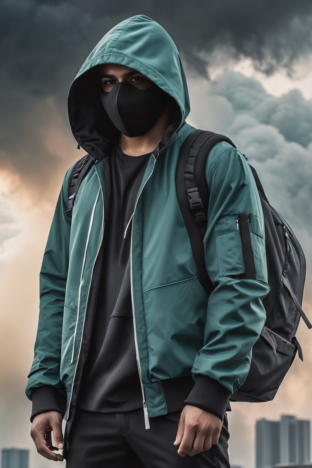 man with hood, mixed pose, modern clothes, modern suit, face obscured or with mask, with accessories, backpack,, stormy sky, photorealistic, thriller theme, smoke, high resolution photo, 4k, full detailed, Portrait, realistic, chloting colorfull, Matrix background, full position, apocalict scene